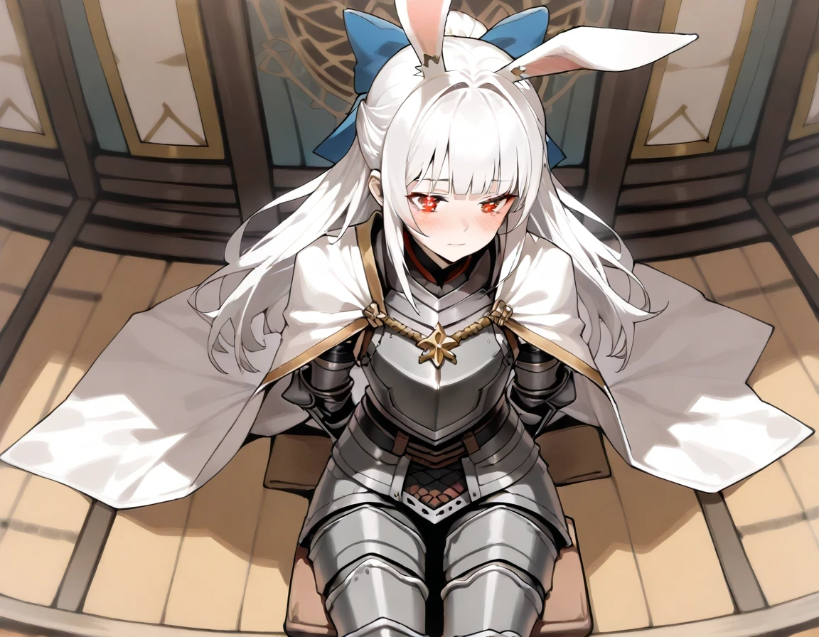 ((Best quality, 8k, Masterpiece: 1.3)), Sharp focus A beautiful woman with perfect body, Highly detailed face and skin texture, (Detailed eyes), rabbit ears, hime cut, white hair, hair bow, ribbon, pupils sparkling, tareme, (knight wearing steel armor), cowboy shot, sitting, white cape