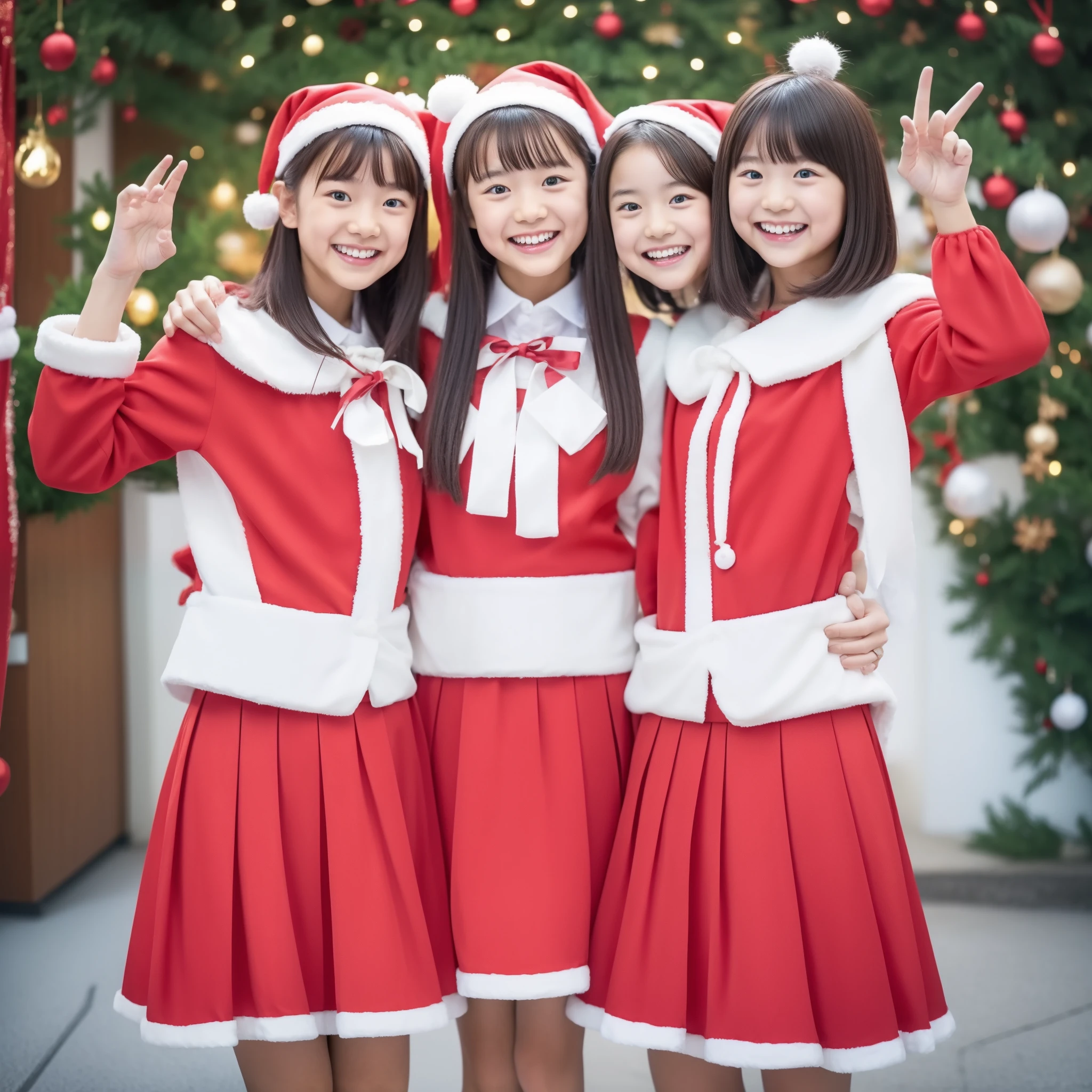 8k, highest quality, masterpiece,Japanese ****** girl, , two girls、１２age、 fun pose 、 medium hair, street, Santa Claus clothes、 miniskirt、 とても短いスカート、mini skirt Santa 、Smiling face、 I have a Christmas gift box、、Christmas night background 、A city with bustling Christmas decorations、