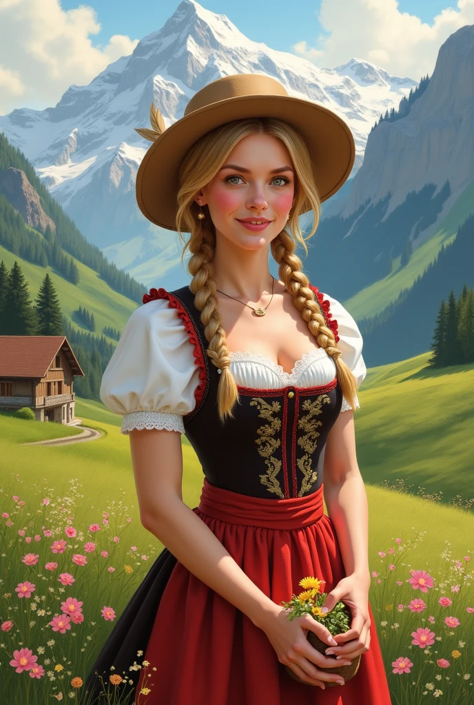 stunningly attractive (smiling) octoberfest waitress with a perfect feminine face by Tom Bagshaw and Michael Garmash, dirndl, cleavage, medium breasts, perfect slender figure, white skin, blonde hair, braids, in the alps, 8k, highly detailed, sharp focus, masterpiece, Trending on Artstation