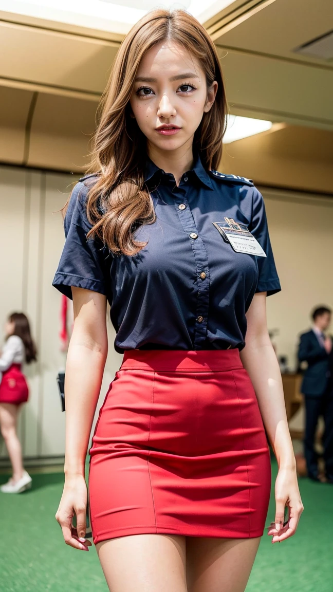 A beautiful, 24-year-old Japanese woman with perfect anatomy, healthy thighs, beautiful legs, beautiful skin, random hair color and style, large breasts, (wearing a flight attendant uniform with a mini-skirt:1.3), (she is standing:1.2), full body shot, pumps, carrying a suitcase, at the airport, (best quality,4k,8k,highres,masterpiece:1.3),(extremely detailed:1.2),realistic,photorealistic,photo-realistic:1.37,professional,vivid colors, studio lighting, Tomomi Itano