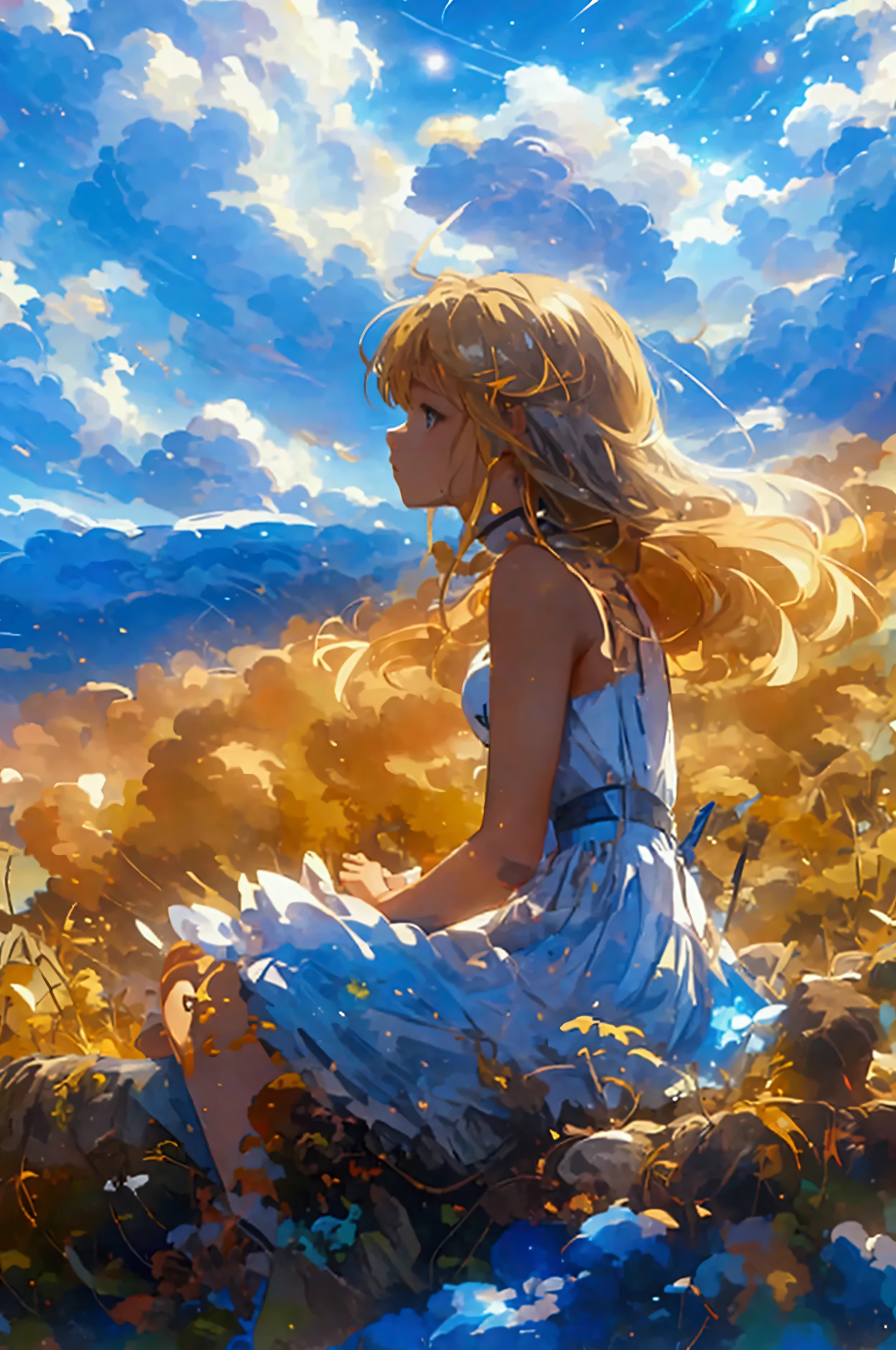 a fifteen year old girl sitting under a tree near a cliff in a meadow , golden hair , golden shimmering eyes , simple white dress , magical aura , seeing a vast blue sky with fluffy clouds and brush strokes , tall grasses stones, , makoto shinkai cyril rolando, anime art wallpaper 4k, anime art wallpaper 4k, animated background, anime art wallpaper 8K, animated background art, Anime Landscape Wallpaper, amazing wallpaper, HD wallpaper, 4k anime wallpaper, 4k anime wallpaper , Aries Moross art,art by Bob Byerley , AshleyWoodArtAI, greg rutkowski