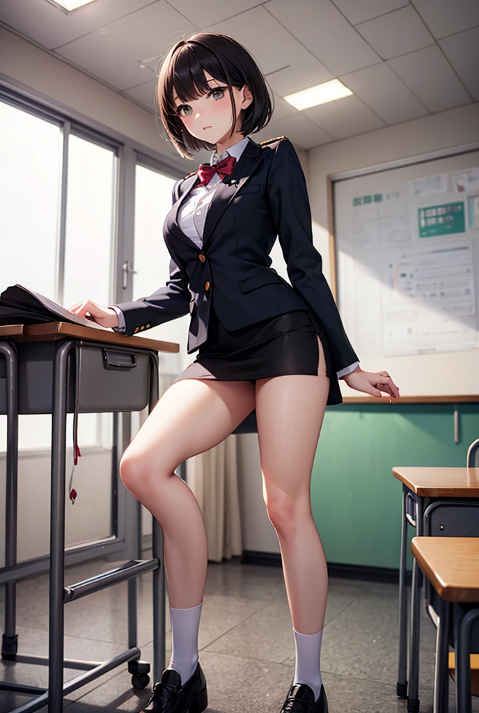 ((8k, RAW photos, top quality, masterpieces), high-definition RAW color photos professional close-up photos, (realistic, photorealism: 1.37), (highest quality), (best shadows), (best illustrations), collarbones ((big)), ((erotic, sexy, ultra high resolution, high-definition CG unified 8K wallpapers, physically based rendering, movie lighting), (aegyo sal:1), 18 year old girl, (grey blazer, ribbon, socks, high school uniform: 1.2), high school classroom, beautiful detail eyes, light on the face, ((full body shot: 1.2)), especially strong light, (upper eyes, grinning smile:1.2),shiny skin, (((black hair, bob hair:1.2))), ( thick thighs), ulzzang-6500-v1.1:0.2, shy, (flash:1.2), NSFW , (puffy), ((seductive posture: 1.2, attractive: 1.2)), (idle), (sitting at a desk in classroom: 1.2)), ((good anatomy: 1.2)), ((bright and refreshing classroom, background blurred: 1.2)), perfect face, cute face, (high angle shot:1.2)