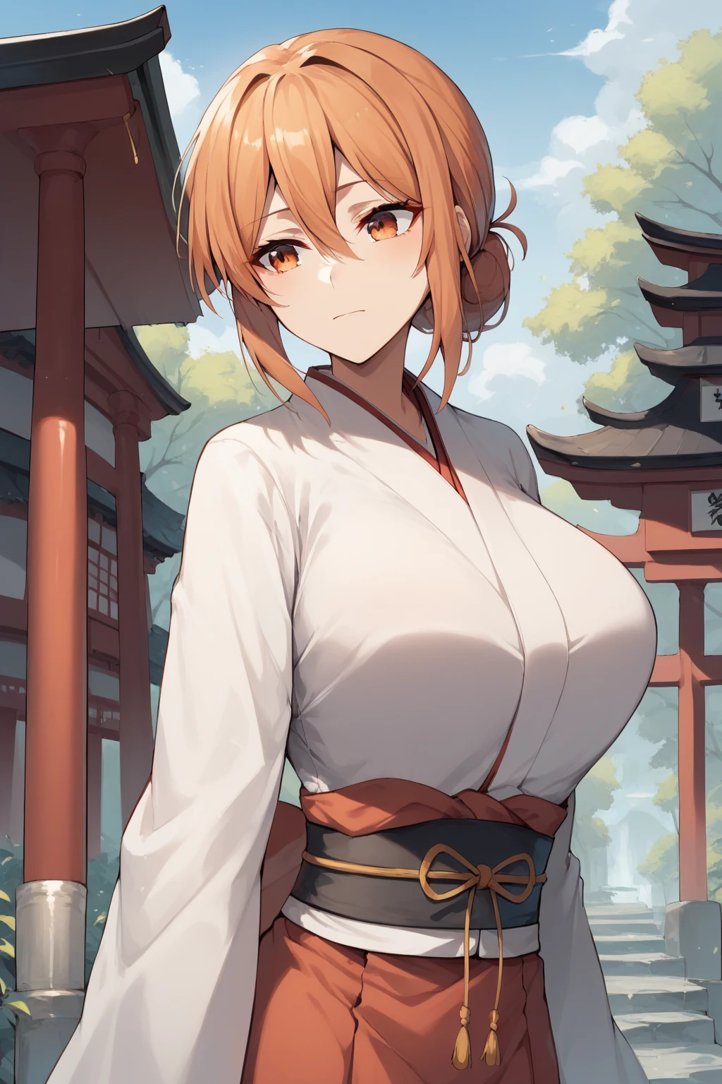 yuigahamama, hair bun, mature female, orange eyes, orange hair, short hair, single hair bun, hair between eyes, sidelocks, large breast, shrine maiden outfit, outdoor, shinto shrine, masterpiece, best quality, ultra-detailed, high resolution, 8K,