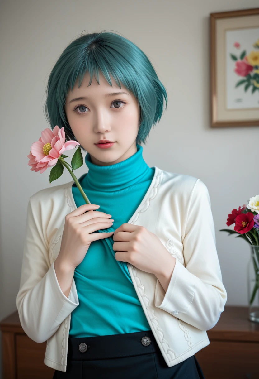 realistic, photorealistic, Expressiveh, score_9, score_8_up, score_7_up, fuukasummer, aqua hair, short hair, grey eyes, cardigan, green turtleneck, black skirt, undressing, clothes pull, pulling own clothes, shirt lift, open shirt, clothes lift, tiny breasts, (holding flowers:1.4), (flowers covering nipples:1.3), indoors, bedroom, (flowers:1.4), looking at viewer, solo, Shy, demure,