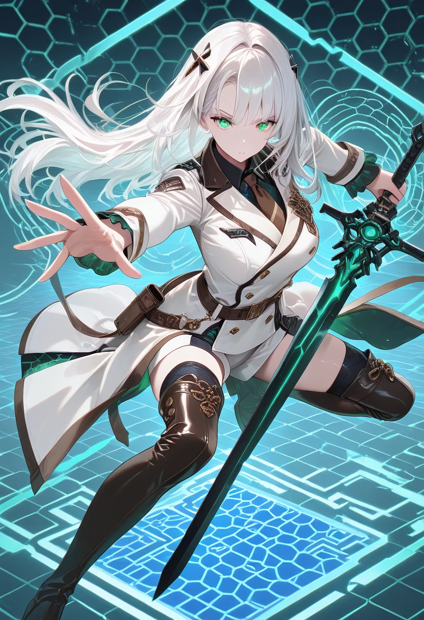 1girl, green eyes, black sword with simple black accents, dynamic pose, white hair, long hair, school outfit, brown tie, white uniform combined with some brown accents, thigh high boots, holding sword, spread hand, looking at viewer, simple blue hexagon background, blue hexagon 