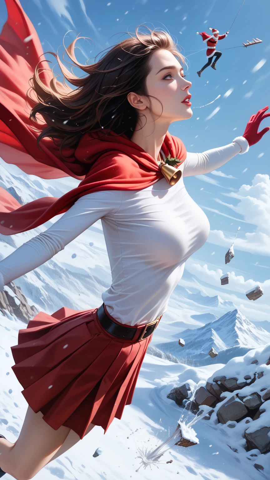 score_9,score_8_up,score_7_up,high res image,masterpiece,best quality,realistic,1girl,santa_costume,white_shirt,(red cape:1.2),(red skirt:1.2),snow,(upper_body:1.2),(dynamic_angle:1.3),(medium breasts:1.3),(dropping:1.4),