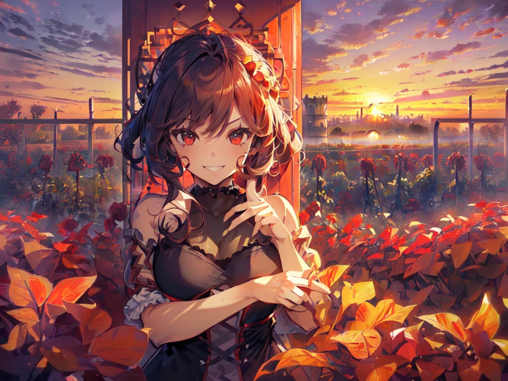 (Solo:2), (Female:2), (Big head, very large breasts), (Smiling, showing gums, looking at camera), (Castle red garden:2), (Sunset:2), (Focus on breasts), (Short fingers:2, short arms:2), (Illustration, carefully drawn, great artwork, best quality, high resolution, 8K, detailed, delicate)