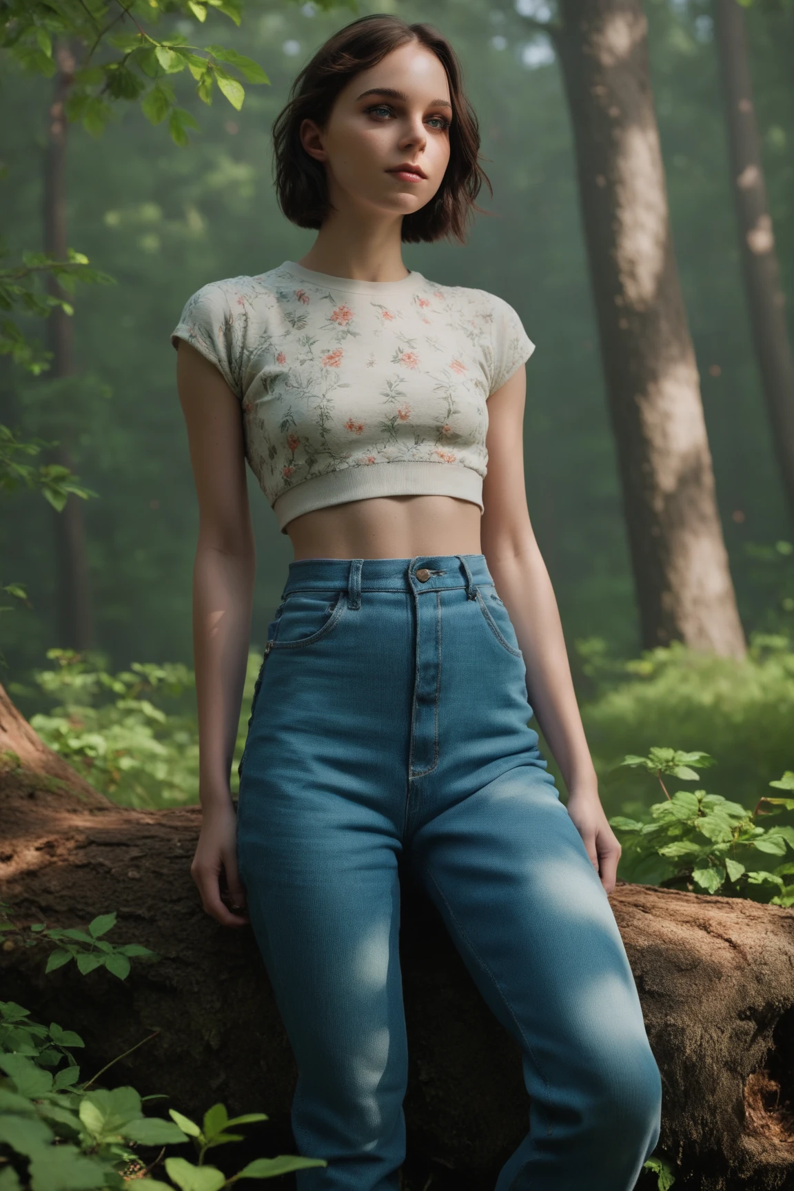 4k, masterpiece, petite, slim,score_9, score_8_up, score_7_up, realistic, 1girl, hike, nature, good lighting, low cut top, low waist jeans, eyeliner, knees up