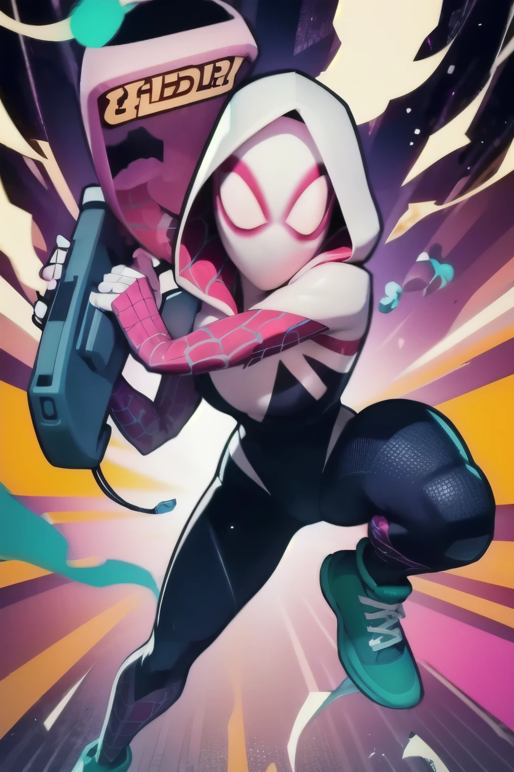 a full body close up of a person holding a gun and a flashlight, (Spider-Gwen in brawl stars style) , brawl stars, splash art brawlstars, epic art style, blaster fire bright as neon, game character, in game style 8k, merged character, fortnite art style, stylized character, holding a blaster, slick clammy skin, clash royal style characters, mobile game style, new character