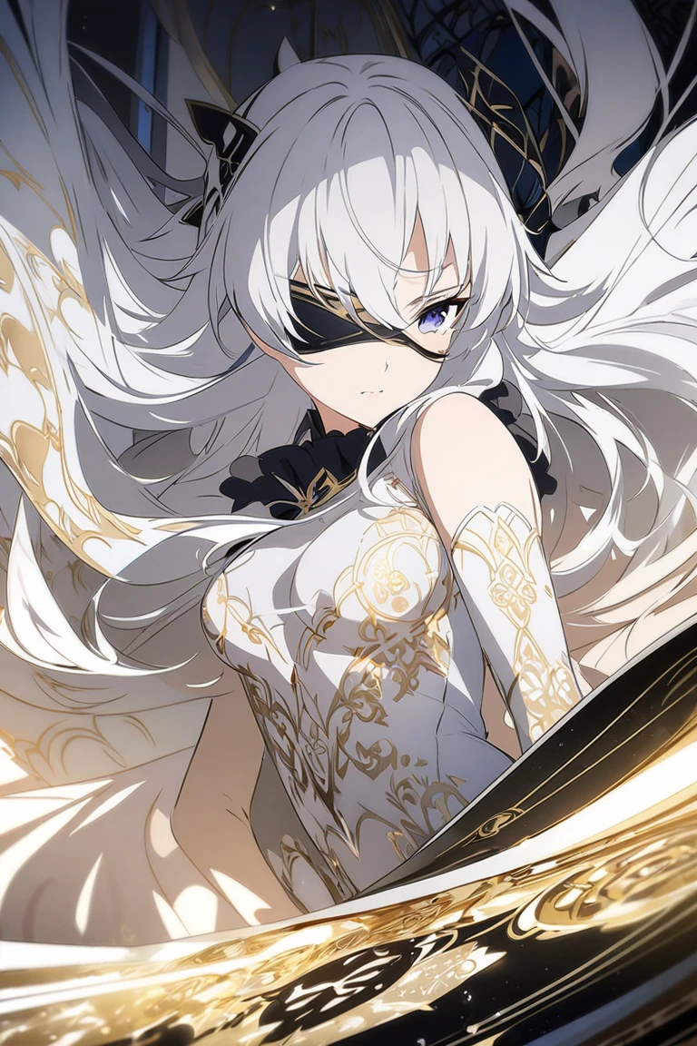  top quality , masterpiece、 One girl 、 Silver Hair、 long hair、Slightly larger breasts、 has a young face、erotic、 super beautiful graphics、animation illustration board、Black blindfold、Slightly golden pattern on blindfold、 stockings、dark