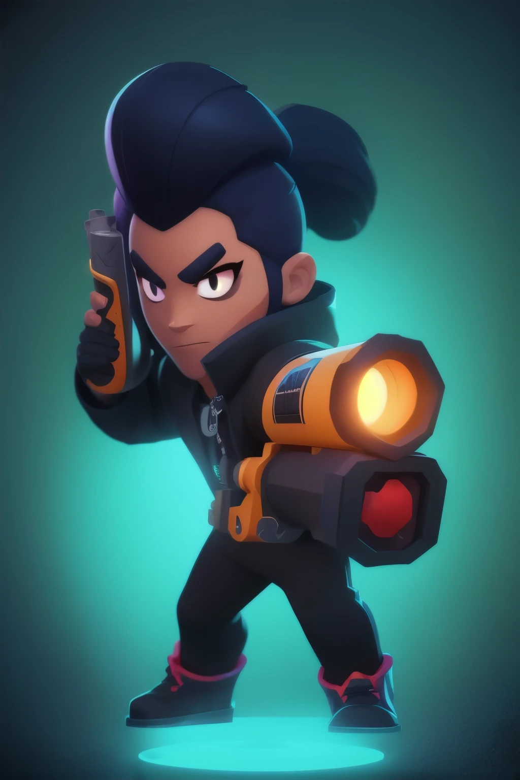 a full body close up of a person holding a gun and a flashlight, ( , brawl stars, splash art brawlstars, epic art style, blaster fire bright as neon, game character, in game style 8k, merged character, fortnite art style, stylized character, holding a blaster, slick clammy skin, clash royal style characters, mobile game style, new character