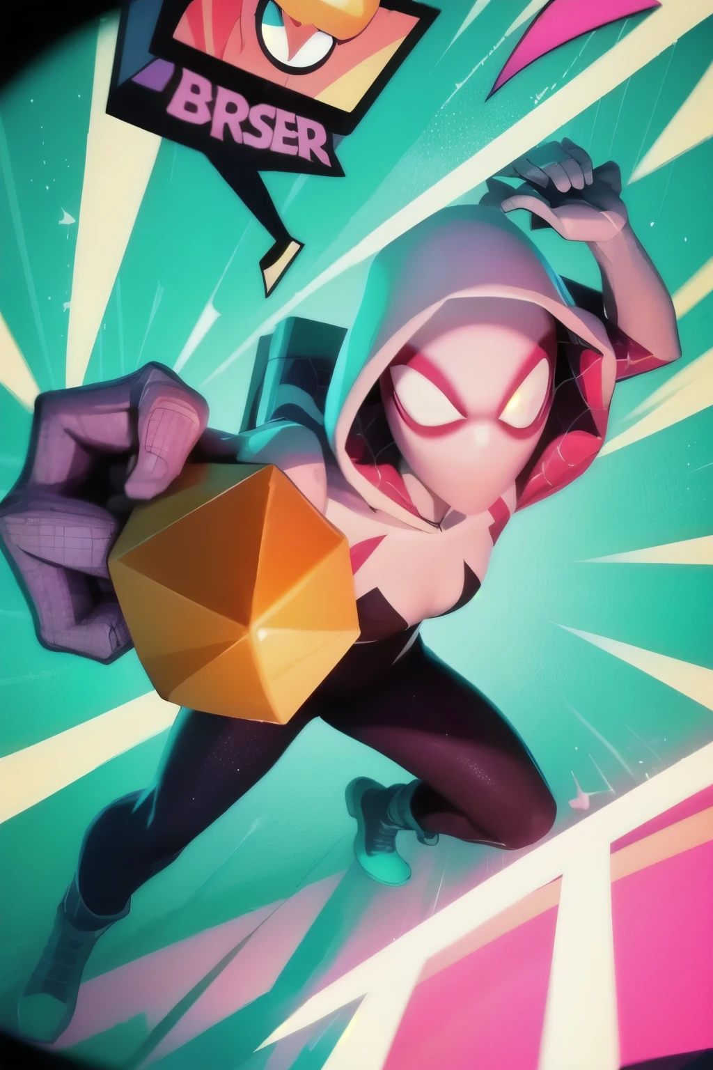 a full body close up of a person holding a gun and a flashlight, (Spider-Gwen in brawl stars style) , brawl stars, splash art brawlstars, epic art style, blaster fire bright as neon, game character, in game style 8k, merged character, fortnite art style, stylized character, holding a blaster, slick clammy skin, clash royal style characters, mobile game style, new character