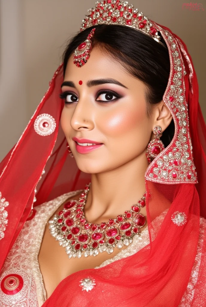 shriya, nude, nsfw, perky breast, small size breast, looking towards camera, facing camera, breasts visible, shy expression, indian princess makeup, earrings, red bindi on forehead, red transparent bridal veil, red gem necklace, red gem earrings, red gem tiara