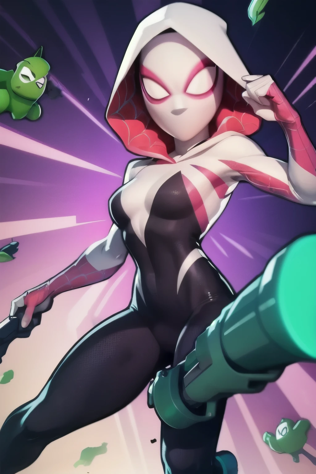 a full body close up of a person holding a gun and a flashlight, (Spider-Gwen in brawl stars style) , brawl stars, splash art brawlstars, epic art style, blaster fire bright as neon, game character, in game style 8k, merged character, fortnite art style, stylized character, holding a blaster, slick clammy skin, clash royal style characters, mobile game style, new character