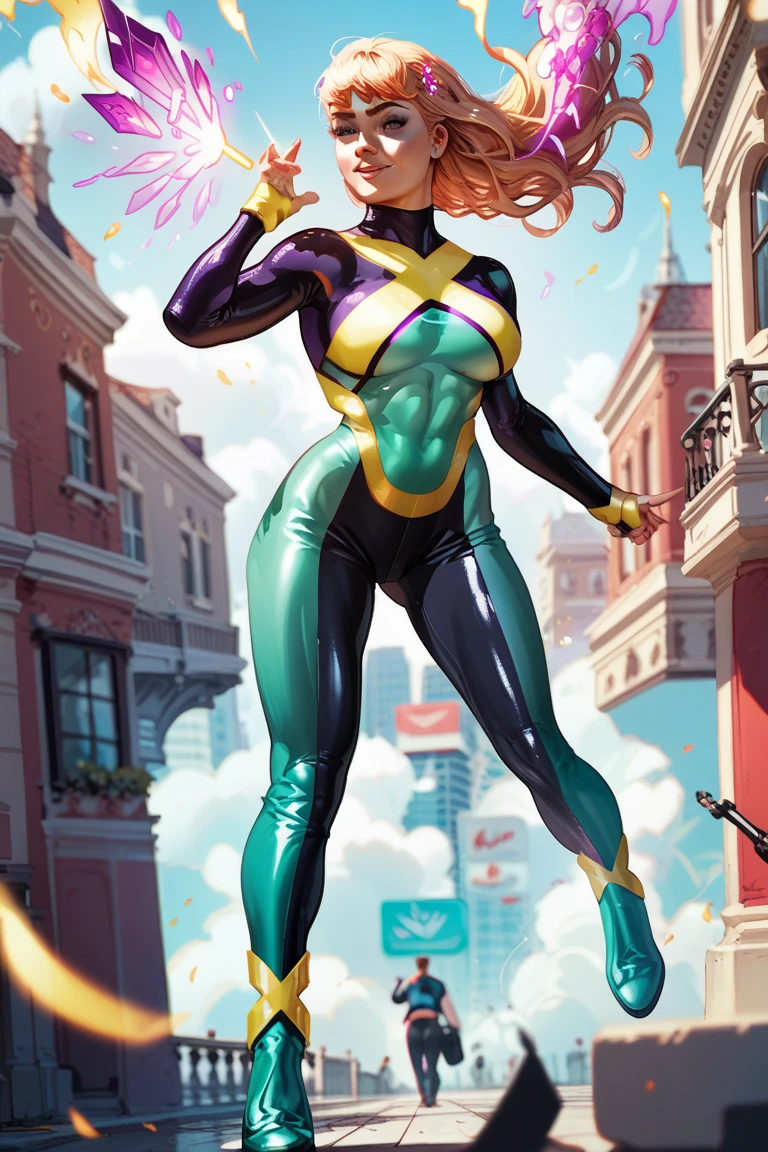 Jean grey, tight suit,flying over the city,detailled abs,big breast,purple power aura,detailled face