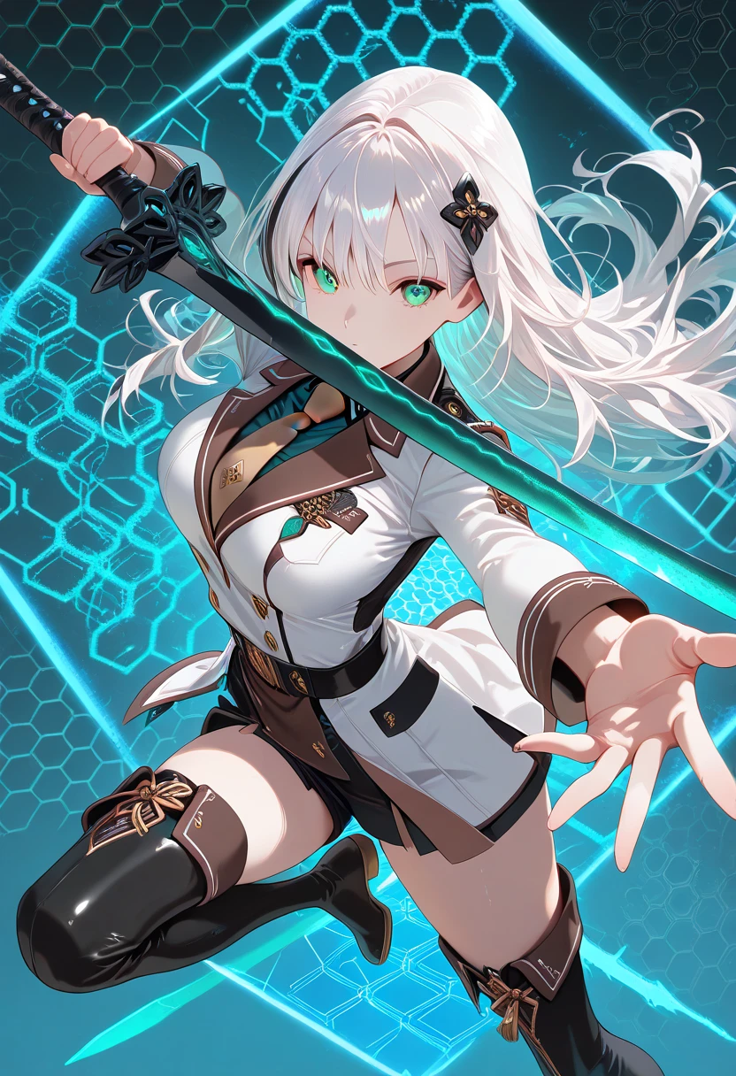 1girl, green eyes, black sword with simple black accents, dynamic pose, white hair, long hair, school outfit, brown tie, tie out,white uniform combined with some brown accents, thigh high boots, holding sword, spread hand, looking at viewer, simple blue hexagon background, blue hexagon 