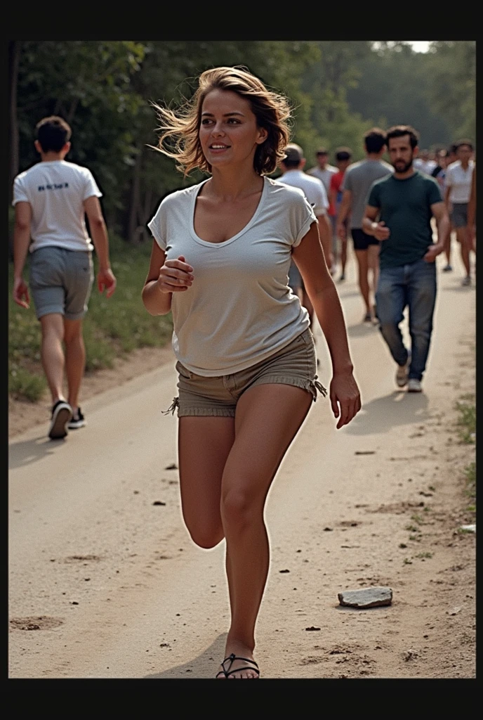 there is a woman running down the road, girl is running, girl running, running pose, running freely, be running up that hill, woman is curved, running, viktoria gavrilenko, laura sava, running fast towards the camera, magdalena radziej, sprinting, running sequence, run, fit woman, wide portrait, running towards camera, (naked:1.5), laughing,