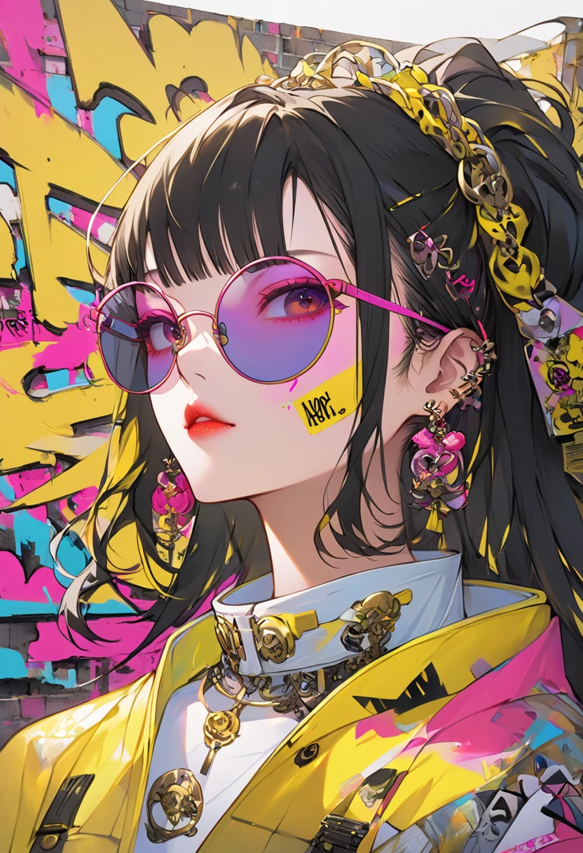 A baroque portrait painting of a beautiful asian woman wearing sunglasses, bright yellow graffiti over it, tagging-like marks, pink graffiti text that says "PUNKY PALACE" made of all of the above, dark academia, visible paintbrush --ar 9:16 --profile 8myqw3e --stylize 150 --v 6.1