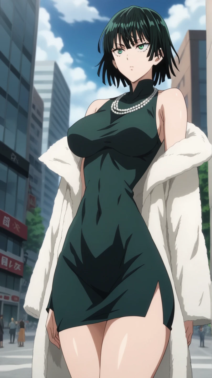 Fubuki,one punch man,city,perfect body,large breast,detailed face,green eyes,perfect lighting,big ass,black dress,dress,fur coat,high collar,jewelry,necklace,off shoulder,taut clothes,taut dress,,collapse face,stomach distension,large penis,venous penis,source_anime,masterpiece,best quality,highres,absurdres,official art,official style,source_anime,anime screencap,anime coloring,megami magazine,anime,animated,explicit, shiny skin,