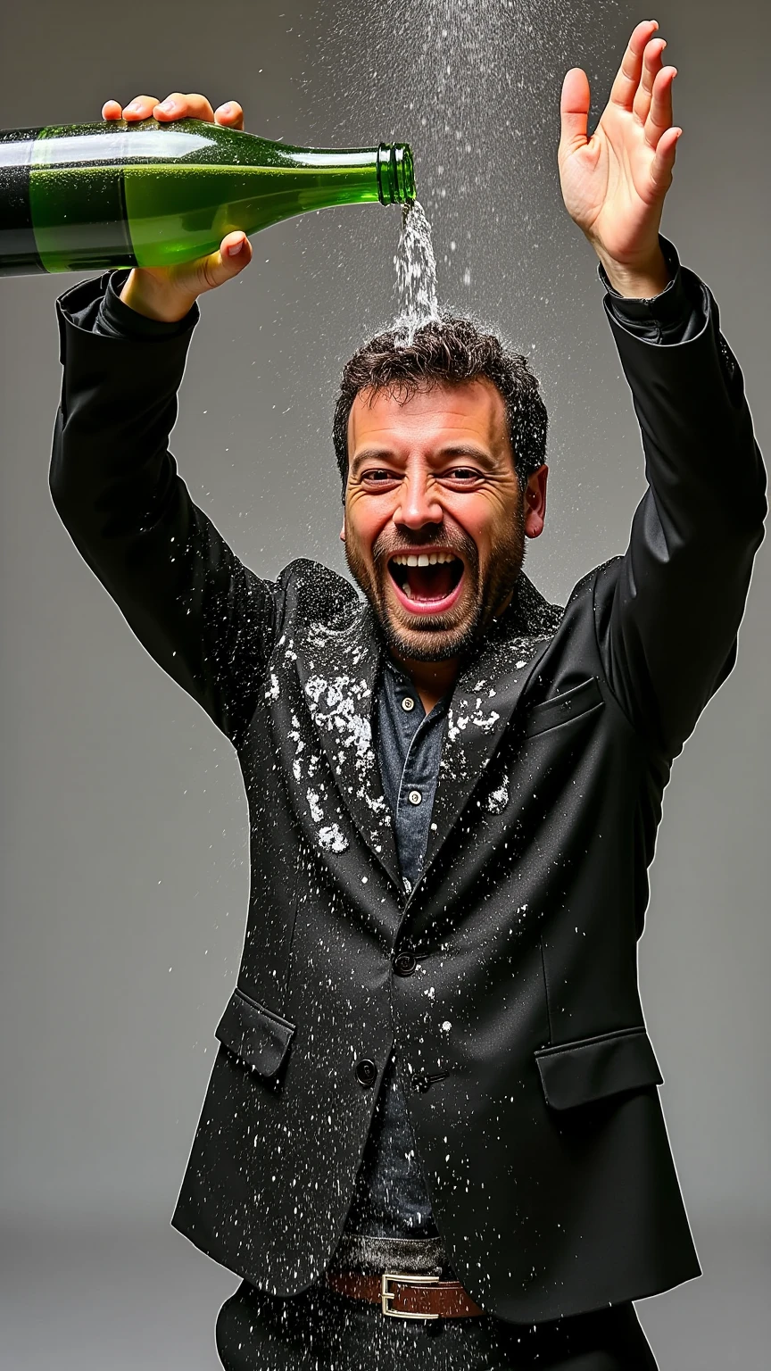 A very realistic handsome man, dressed in a suit, is joyfully celebrating with his arms raised, holding an enormous bottle of champagne. He is pouring the bubbly all over himself, and a massive amount of champagne, complete with frothy bubbles, is cascading down his body. His entire suit is soaked with champagne as he revels in the excitement of having won the lottery. The man is euphoric, embodying the spirit of celebration.

