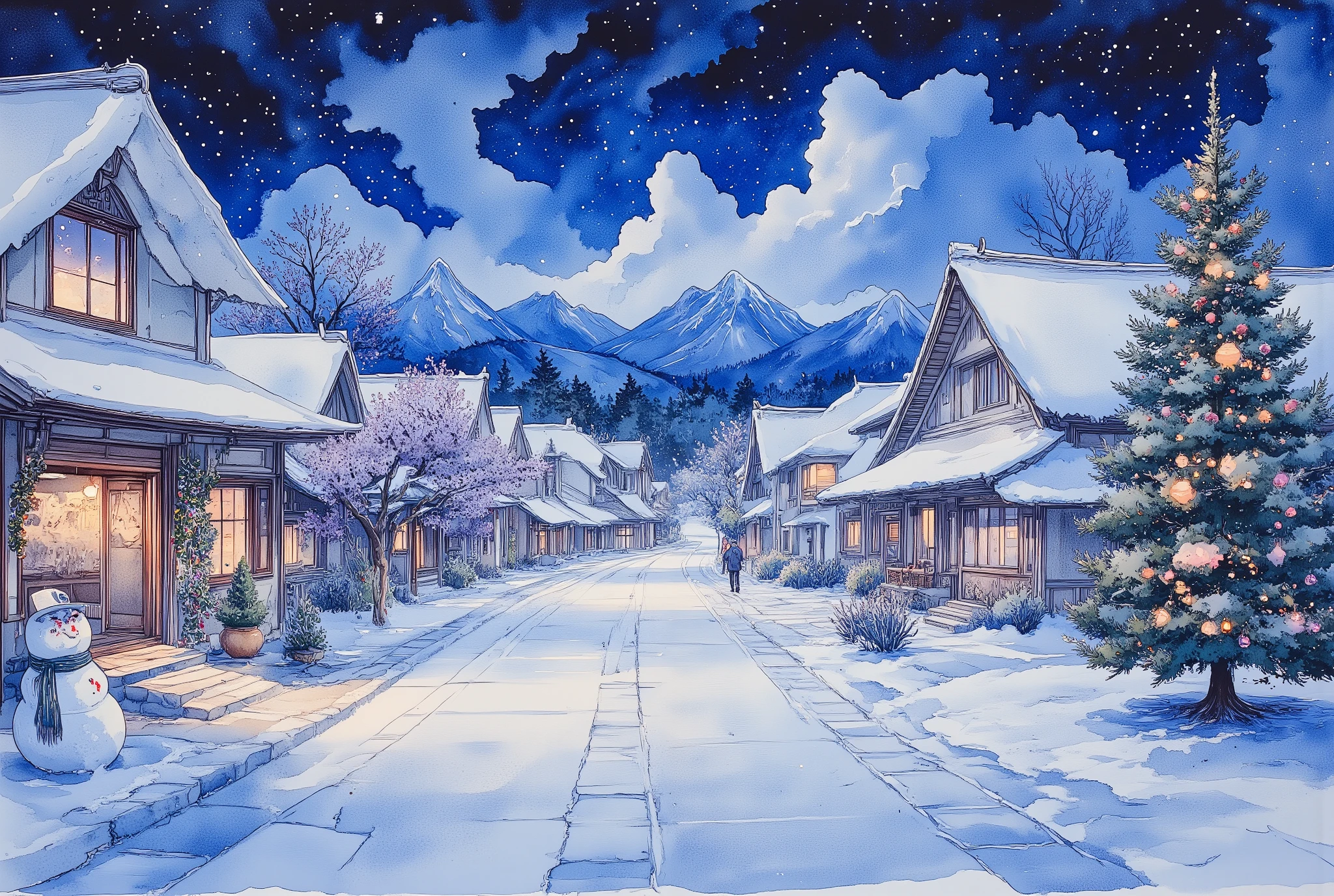 (masterpiece:1.2,Exceptional Quality,Mirror-like, movie-like experience, best illustration :2.0,Super detailed),8k,16k,wallpaper,( Christmas Winter Scenery :2.0),(Japan:2.0),(Shirakawa-go:2.0),(beautiful winter scenery:2.0),(Gassho-style Village:2.0),( Christmas tree:2.0),( snowman:2.0),(Streetscape decorated for Christmas),(Watercolor:2.0),( full of night sky :2.0)