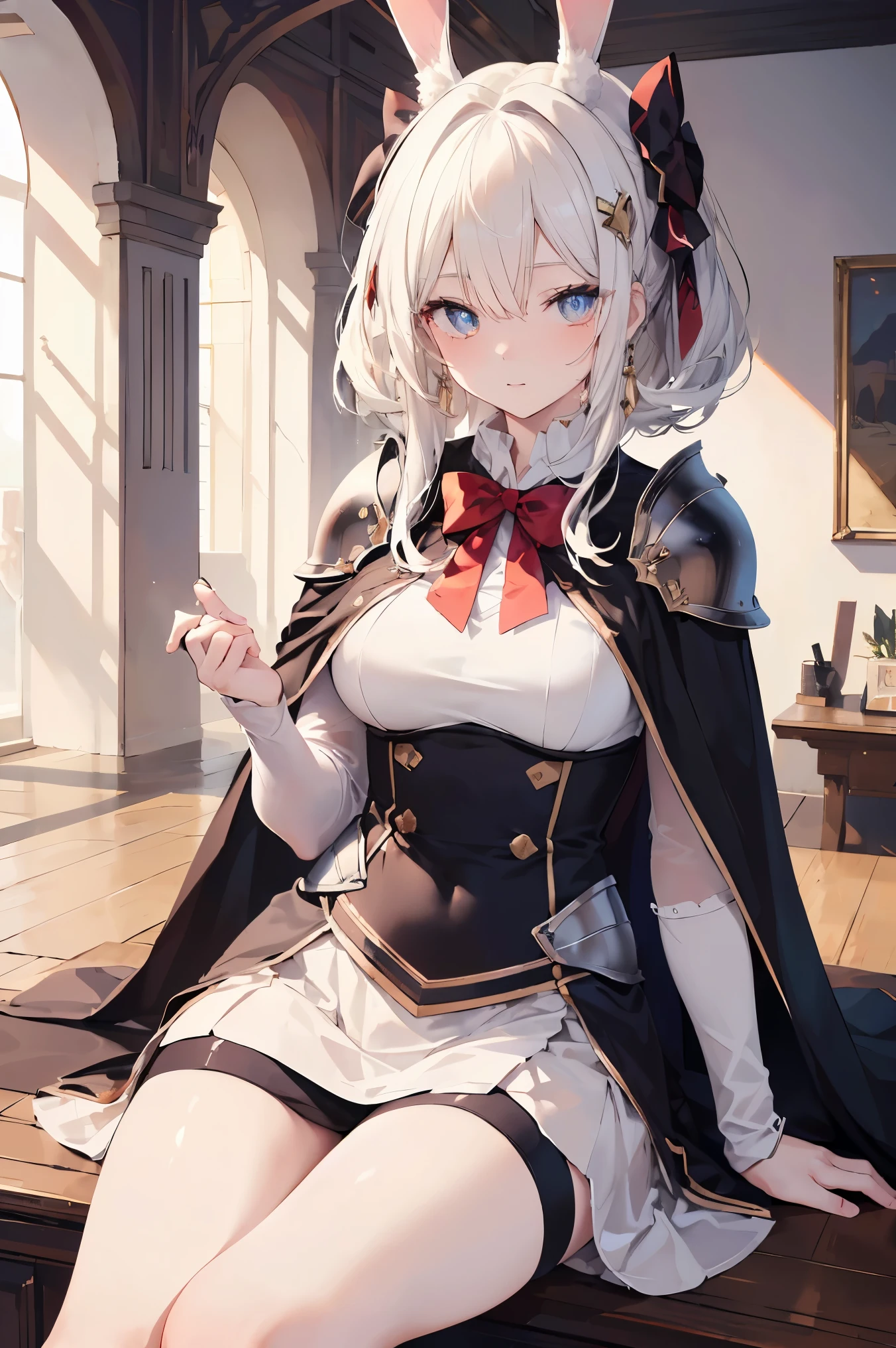 ((Best quality, 8k, Masterpiece: 1.3)), Sharp focus A beautiful woman with perfect body, Highly detailed face and skin texture, (Detailed eyes), rabbit ears, hime cut, white hair, hair bow, ribbon, pupils sparkling, tareme, (knight wearing steel armor), cowboy shot, sitting, white cape