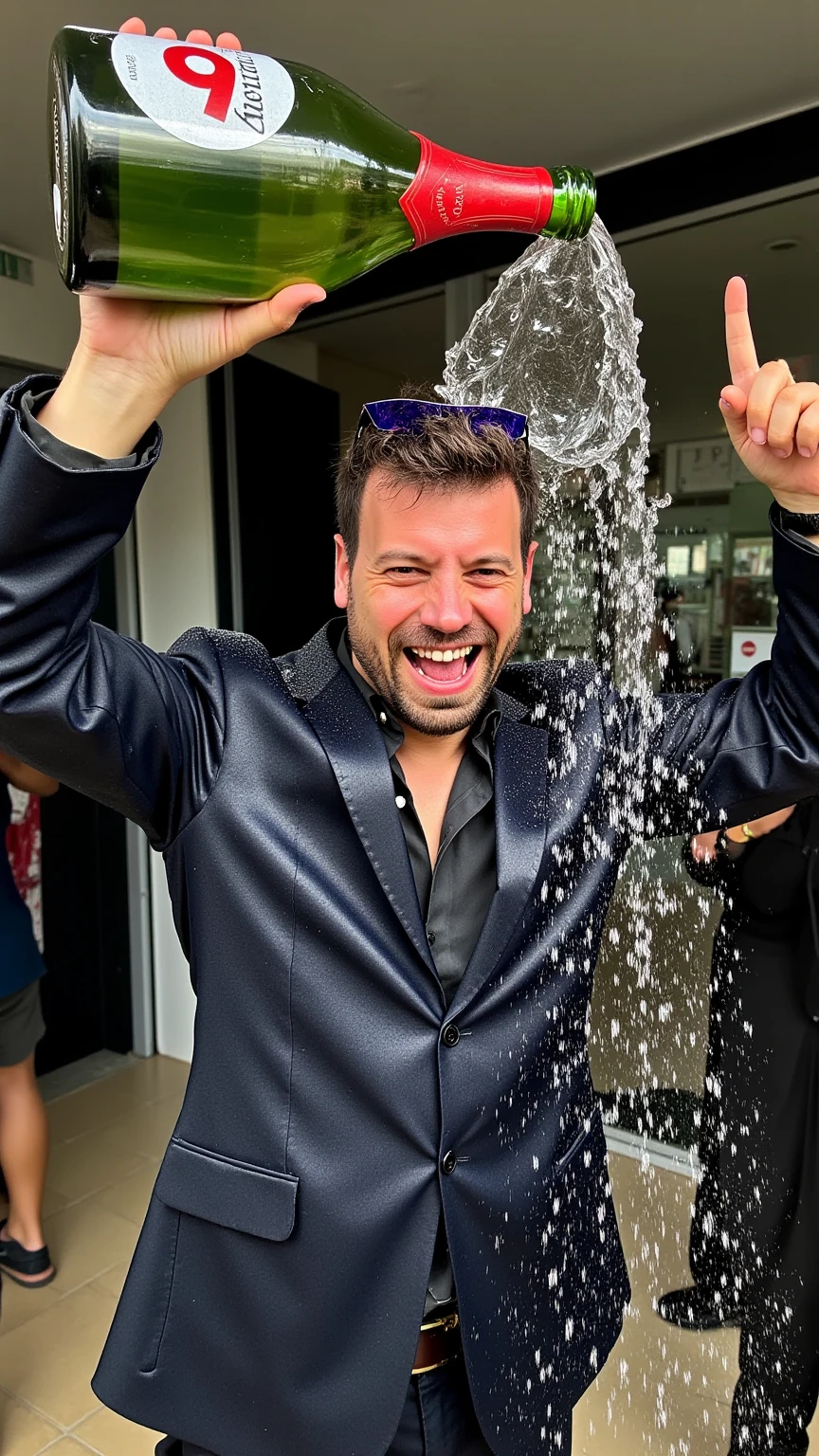 A very realistic handsome man, dressed in a suit, is joyfully celebrating with his arms raised, holding an enormous bottle of champagne. He is pouring the bubbly all over himself, and a massive amount of champagne, complete with frothy bubbles, is cascading down his body. His entire suit is soaked with champagne as he revels in the excitement of having won the lottery. The man is euphoric, embodying the spirit of celebration.

