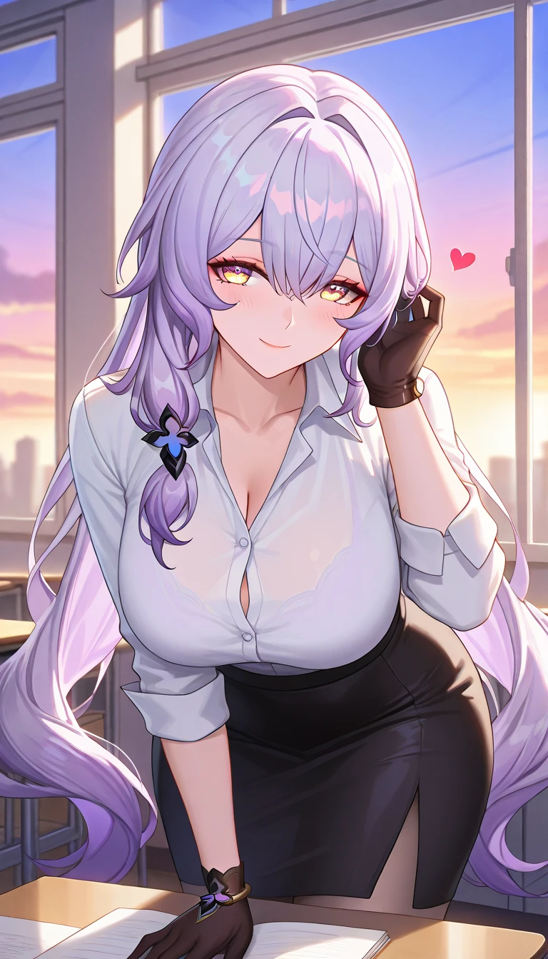 ultra-detailed,(best quality),((masterpiece)),(highres),original,extremely, 1girl, black swan,honkai  star rail, beautiful woman, teacher, beautiful body, mature,  yellow eyes, purple hair, large breasts, happy,smile, closed mouth, blush, in heat, blush, long hair,love, heart, teacher costume, white shirt, black skirt, lean forward, classroom, at dusk, window, love, sexy pose, adjusting the hair, showing ear, gloves, looking at viewer,