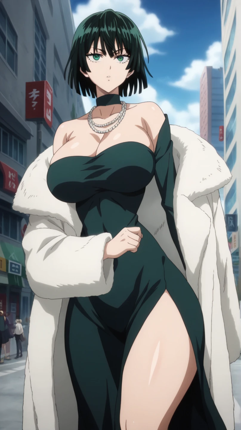 Fubuki,one punch man,city,perfect body,large breast,detailed face,green eyes,Prompt: (huge gigantic super mega hyper:1.3),(biggest round giant massive :1.3),perfect lighting,big ass,black dress,dress,fur coat,high collar,jewelry,necklace,off shoulder,taut clothes,taut dress,,collapse face,stomach distension,large penis,venous penis,source_anime,masterpiece,best quality,highres,absurdres,official art,official style,source_anime,anime screencap,anime coloring,megami magazine,anime,animated,explicit, shiny skin,