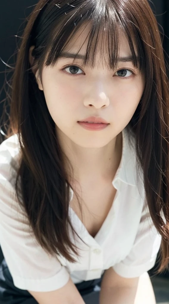 masterpiece, highest quality, 8k, 20th Generation, Big Breasts, cute, alone, sad, cute, Girlish, cute、Delicate girl, Pure beauty,  RAW Photos, Professional photography, Portraiture, Soft Light, Professional Lighting, Backlight, Upper Body, avert your eyes, Sophisticated, Film Grain, (Round face、Young Face、Thin eyebrows、Thin lips:1.0), Floating Hair, beautiful, Flowing hair, bangs, White blouse、pastel cardigan、(Big Breasts:1.2)、You can see the chest a little、Micro Mini Skirt、Voluptuous thighs、dolly make、Heterochromia iridis、Left and right eyes are different colors、Midsummer sky、Cumulonimbuidsummer Beach