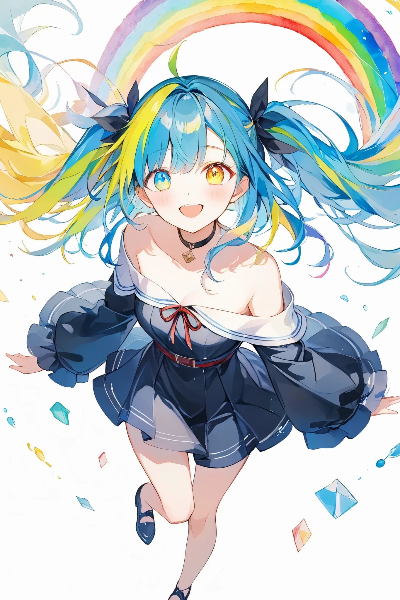 ((pastel、 Watercolor Style ))、1 female,Full body painting, black off shoulder dress, Volume Sleeves ,smile ,green and Blue ((streaked hair)), highlights hair ,diagonal, rainbow heterochromia,(( yellow eyes)),(( detailed eyes)) ,Laughter,piece, happy, Moderate Blur , Strong vignette , soft colored illustration masterpiece , top quality , exquisite,8k, absurd, The background is white paper , there are traces of stained ink on the paper, super detailed illustration drawn on white paper , After the watercolor painting on the background ,Staining ink ,( viewers )