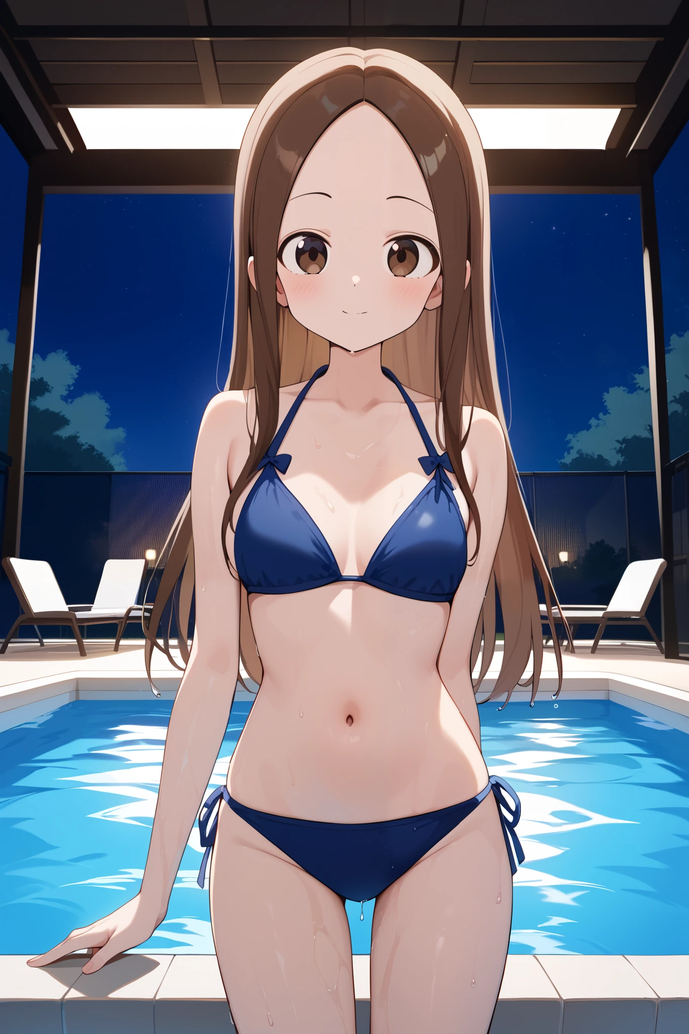 NSFW,masterpiece, top quality , high res, very detailed,Takagi\(からかい上手のTakagi\), long hair、Brown Hair、 split bangs,Forehead、clavicle, bikini, night pool, theme parks , wet,Dripping Water