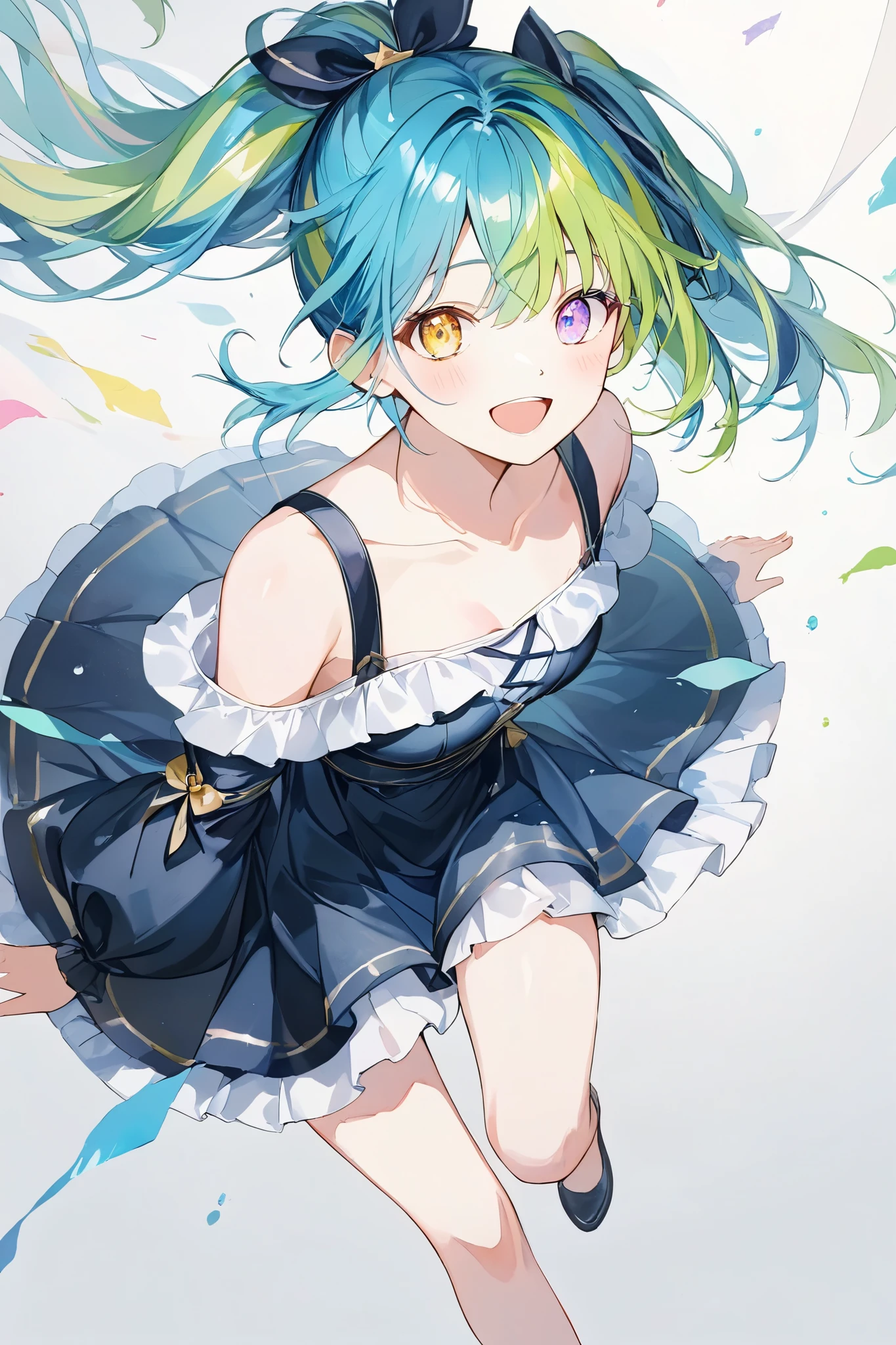 ((pastel、  Watercolor Style  ))、1 female,Full body painting, black off shoulder dress, Volume Sleeves ,smile ,green and Blue ((streaked hair)), highlights hair ,diagonal,  rainbow heterochromia,(( yellow eyes)),(( detailed eyes)) ,Laughter,piece, happy,  Moderate Blur  , Strong vignette , soft colored illustration masterpiece , top quality , exquisite,8k,  absurd, The background is white paper , there are traces of stained ink on the paper, super detailed illustration drawn on white paper , After the watercolor painting on the background ,Staining ink ,(  viewers )