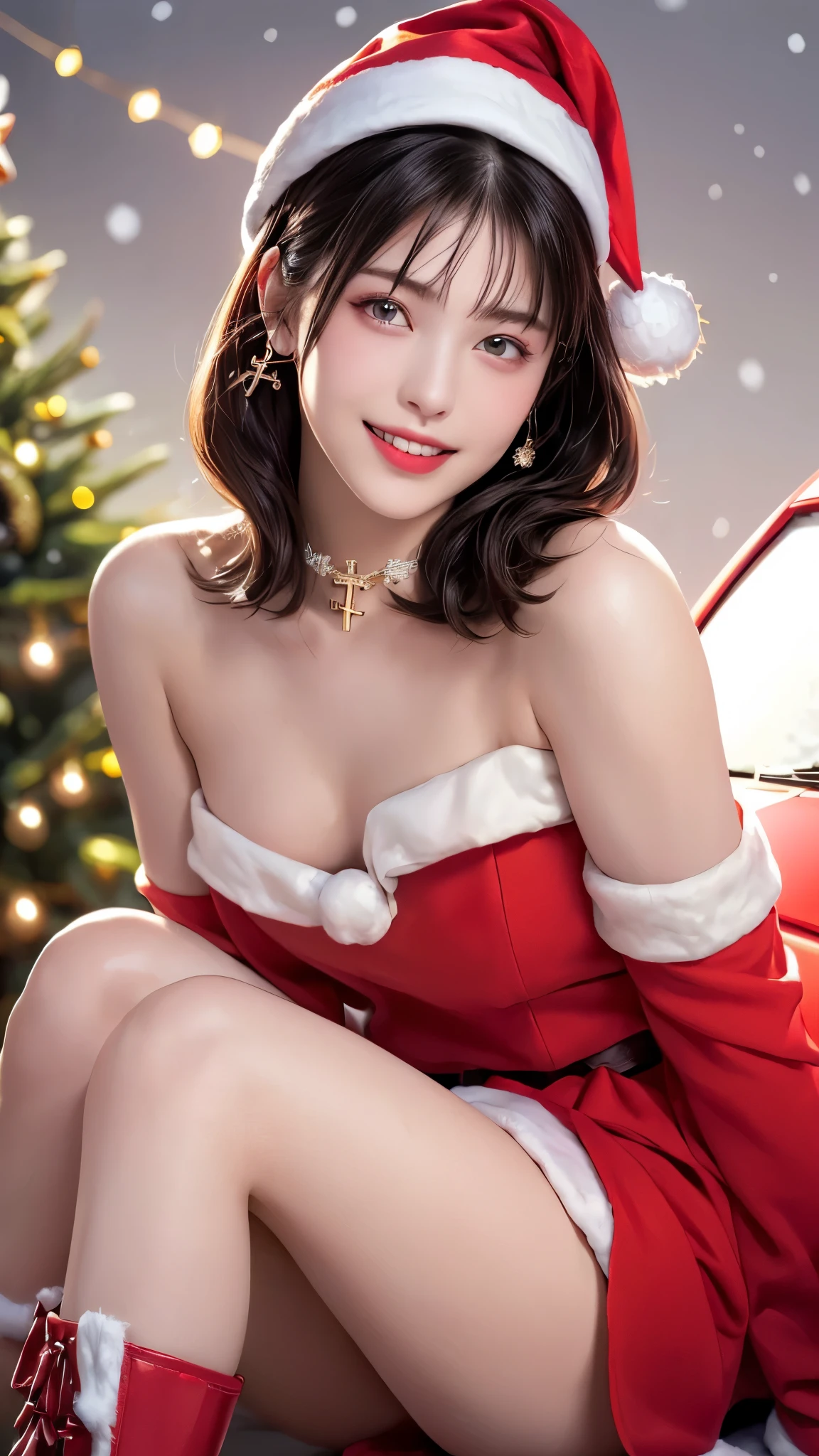 score_9, score_8_ up, score_7_ up, ( top quality , 8k, 32K, masterpiece), ( RAW photos ), ( realistic ), ( Photorealistic:1.2), ( high res), S uper detailed, Perfect light, ( bright light:1.3), ( top quality , 8k, Oil paints:1.2), ( realistic , realistic :1.37), bright color, Sharp Focus, Bokeh, professional photos , Perfect Anatomy,
One girl , (Stylish hairstyle, Longer Hair:1.5), ( laughing in front of the car :1.4), very pretty face and eyes, symmetrical pretty face, nature_make up, shiny hair, (Immature body), ( flat chest), ( top quality , high detail, rich skin details), ( crosses legs, lies:1.3), upper body, viewers, ( Santa Claus hat, red ribbon choker, red armband gloves , Red Long Boots :1.3), ( Christmas_ dress, sexy_ Christmas_ Costume:1.3), skin dimentation, {{Nipples,belly button,vagina}}, ( slim, slender, Tween, very young , skinny, gap, Slim Waist, slim legs), Abstract Beauty , Expressiveh, ( eyes staring at the camera ), dynamic angle,
(Meteor Shower, snow-covered Christmas trees, twinkling holiday light background:1.3)