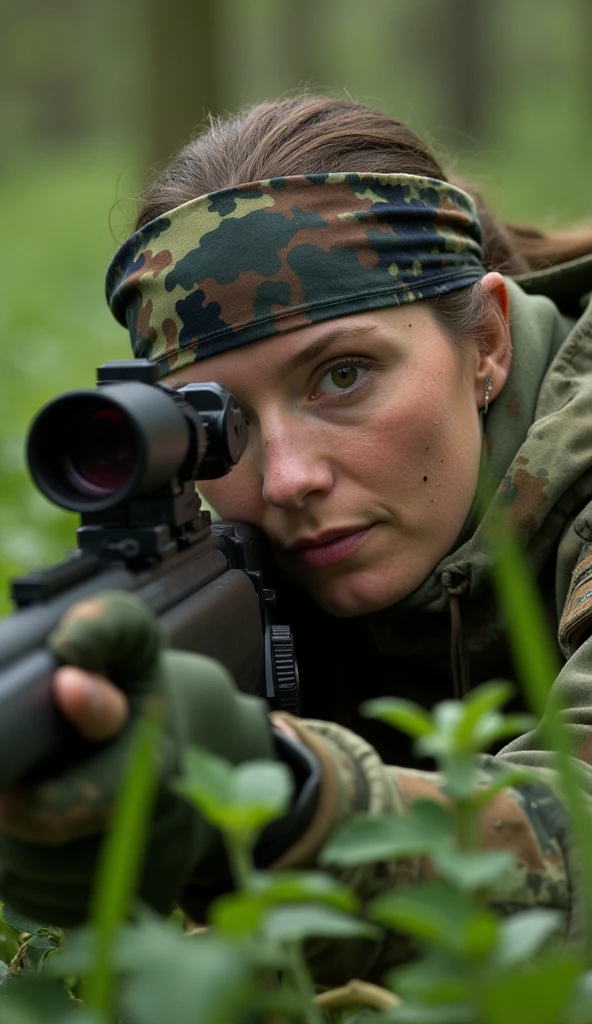 Photo of a female sniper, lying among the bushes in a forest, preparing to shoot her sniper rifle. She is wearing camouflage fatigues, a camouflage bandana head covering, camouflage gloves, and dirt on her face   