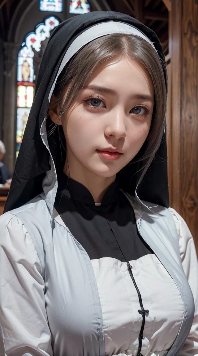 , Country dress、young nun, Bible,  gray hair, church,   realistic and detailed eyes  ,(((   SHE'S MADE TO Ejaculate  ))),Kind Face、 
