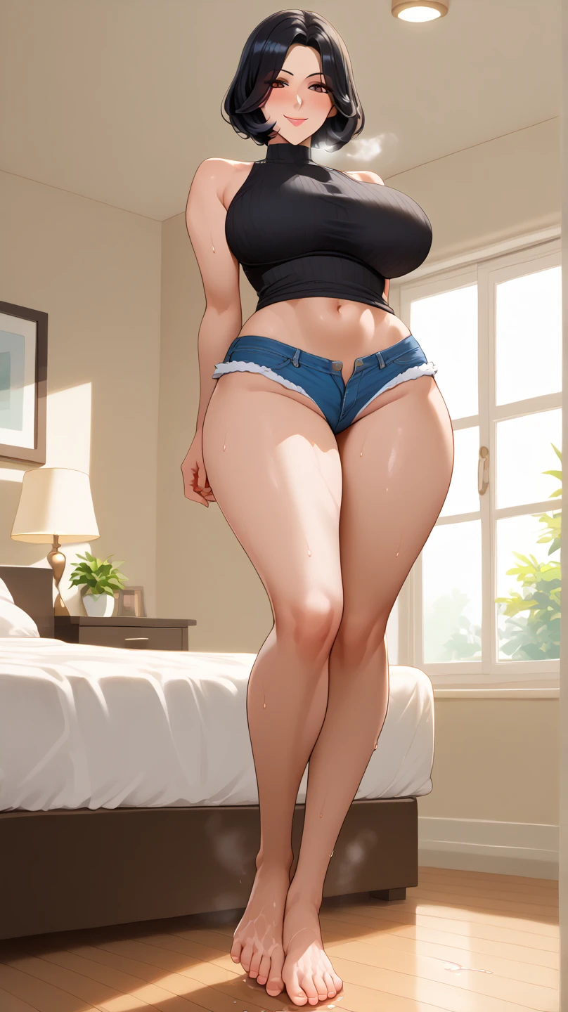 (Masterpiece, Best quality), 1girll, Pink hair, pony taul hair style, gray shorts, wearing a crop-top, big breast, big thighs, nipple bulges, nsfw, no bra, curvy body, beautiful eyes, detailed eyes, only one arm up, detailed armpits, laying on bed  looking at a window, looking at sunset, sun kissed, sunset, sun rays falling on body, shadows falling,  full body, close up shot, 4k textures