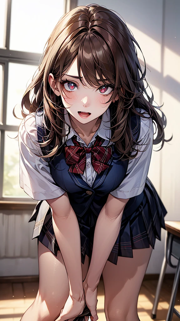 ((Tabletop, Highest quality, High resolution, Hmph, Pixel perfect, 4K, Hmph, Hmph))), One Girl, single, alone, Beauty、The whole body is visible、 ((Medium length wavy hair, bangs, Brown Hair)), ((Brown eyes, Beautiful eyelashes, Realistic eyes)), ((Detailed face, blush:1.2、Open it a little、Look up)), ((Smooth texture:0.75, Realistic texture:0.65, Realistic:1.1, Anime CG style)), Small breasts,Flat chest,Dynamic Angle, Perfect body, ((school uniform, White shirt, Black Skirt, Unbuttoned shirt、Checked skirt、I'm not wearing shoes、White Sox)), An empty classroom、Sit at a desk、Lower'I took my feet off the desk.................................、Very embarrassing panic smile、(Lift up your skirt with your right hand、Spread your legs、Open your knees wide、、Light blue floral lace panties)、、(Cute floral bra)、Angle from below,Underwear visible