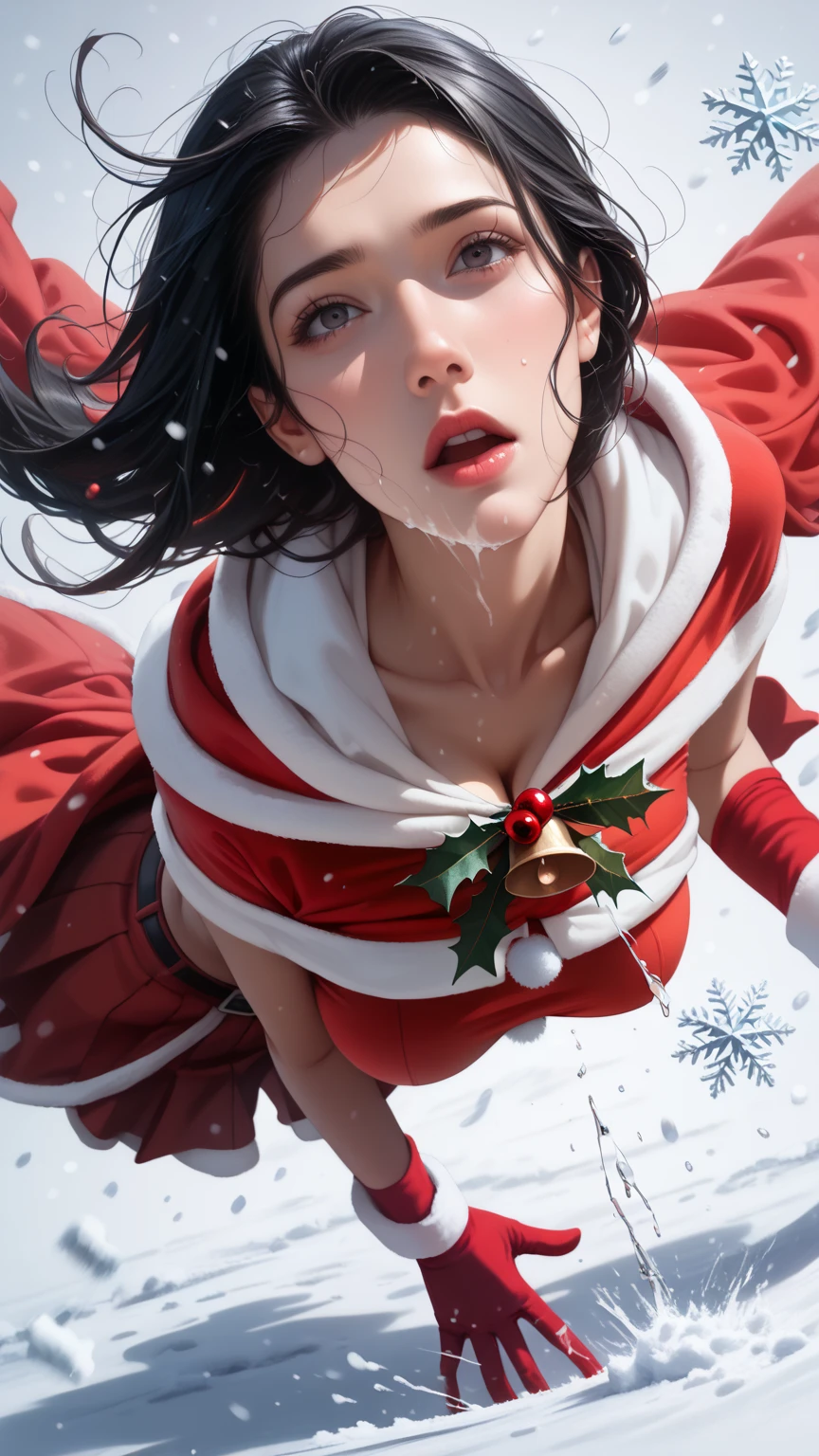 score_9,score_8_up,score_7_up,high res image,masterpiece,best quality,realistic,1girl,santa_costume,white_shirt,(red cape:1.2),(red skirt:1.2),snow,(upper_body:1.2),(dynamic_angle:1.3),(medium breasts:1.3),(dropping:1.4),(face focus:1.3),(black hair:1.3),