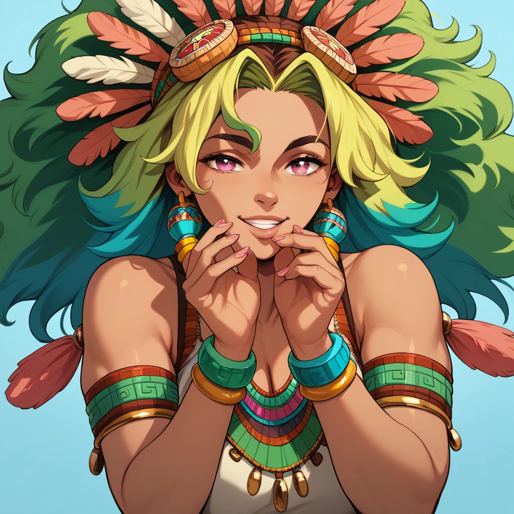 Aztec girl with short hair and pink eyes with a plume on her head and with six hands holding the head of Quetzalcoatl