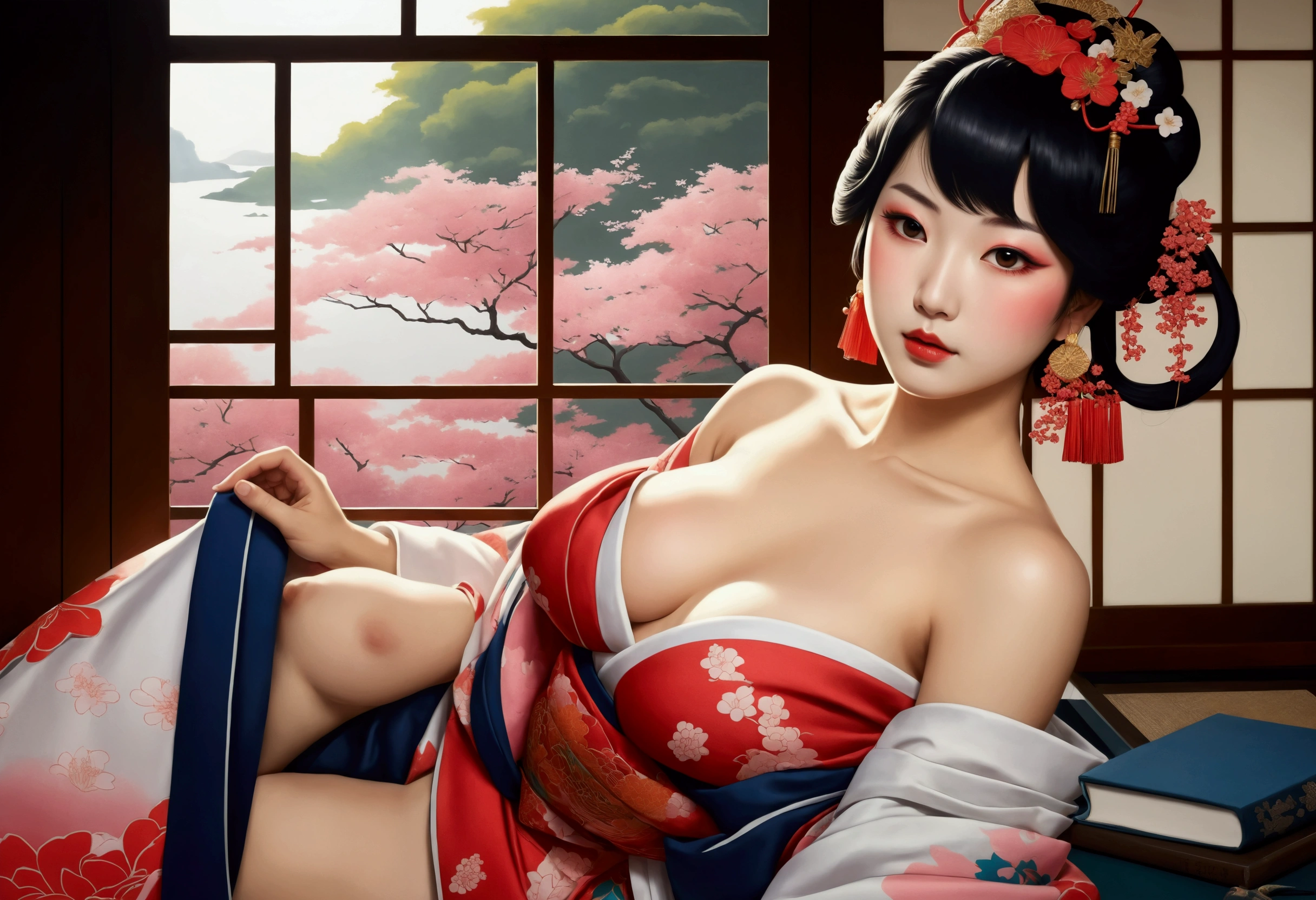 GEISHA- SEXY- KIMONO LIFTED- UPPER BODY- THICK THIGHS- TEMPLE- MEDIEVAL- SWORDS- WARRIOR- SEXY FACE- DETAILED HD
