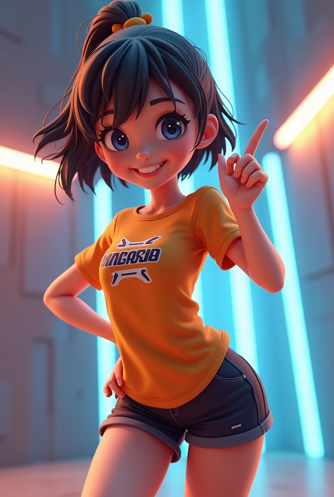 (mejor calidad, Obra maestra), 1 twenty year old woman, arms up hands behind the head, sonrisa, Laugh, Huge Oversized T-shirt, bermudas, corte de pelo pixie oscuro, pecas, rubor, mirando al espectador, cursi, ojos seductores...