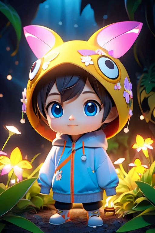 masterpiece,  top quality , 4K,( Pixar Style :1.4),  one boy ,(cute, handsome, wear outdoor sportswear  :0.7), 3d, full body ,Chibi,( face close-up  :1.2), (In the cave, At night, Surrounded by luminous plants , flower, flying fireflies, Bonfire), ( Ultra Detailed, Midea,  beautiful composition,  bright colors ,  soft light three-dimensional ).  get inspired by Alice in Wonderland,  magic ,  fairy tail .  Unreal Engine ,  octane render , cuteness render, 3dレンダリング, Adobe Photoshop,  awe-inspiring ,  beautiful, cute ,