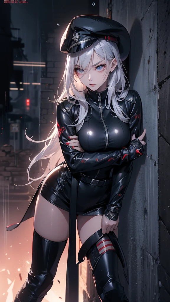 {{masterpiece, best quality, extremely detailed CG, unity 8k wallpaper,anatomically correct,ultra resolution}},Award-winning photography,(best illumination,Very Delicate and Beautiful),{one girl,solo,:1.5},Vampire,silver hair,(twintails:1.2),glowing red eyes,pale skin,(extremely beautiful and detailed face:1.2), (extremely beautiful and detailed eyes:1.2),perfect hands,delicate legs,((bat hair ornament)),(epic,fashion),pointy ears,((black leather long coat:1.5,black leather catsuit with zipper,black leather shoes,black leather gloves,popped collar:1.3)),looking at viewer,(hand on own chest:1.4),evil smile,dark persona,evil,(cute:1.5),((night, dark atmosphere, dark theme, darkness:1.5)),dramatic shadows,(dimly lit:1.5),blood on face,blood on floor, blood on walls,(blood mist,blood splash:1.4),depth of field,(Bustling city:1.2,on rooftop:1.2),{perfect human body structure with maximum precision}