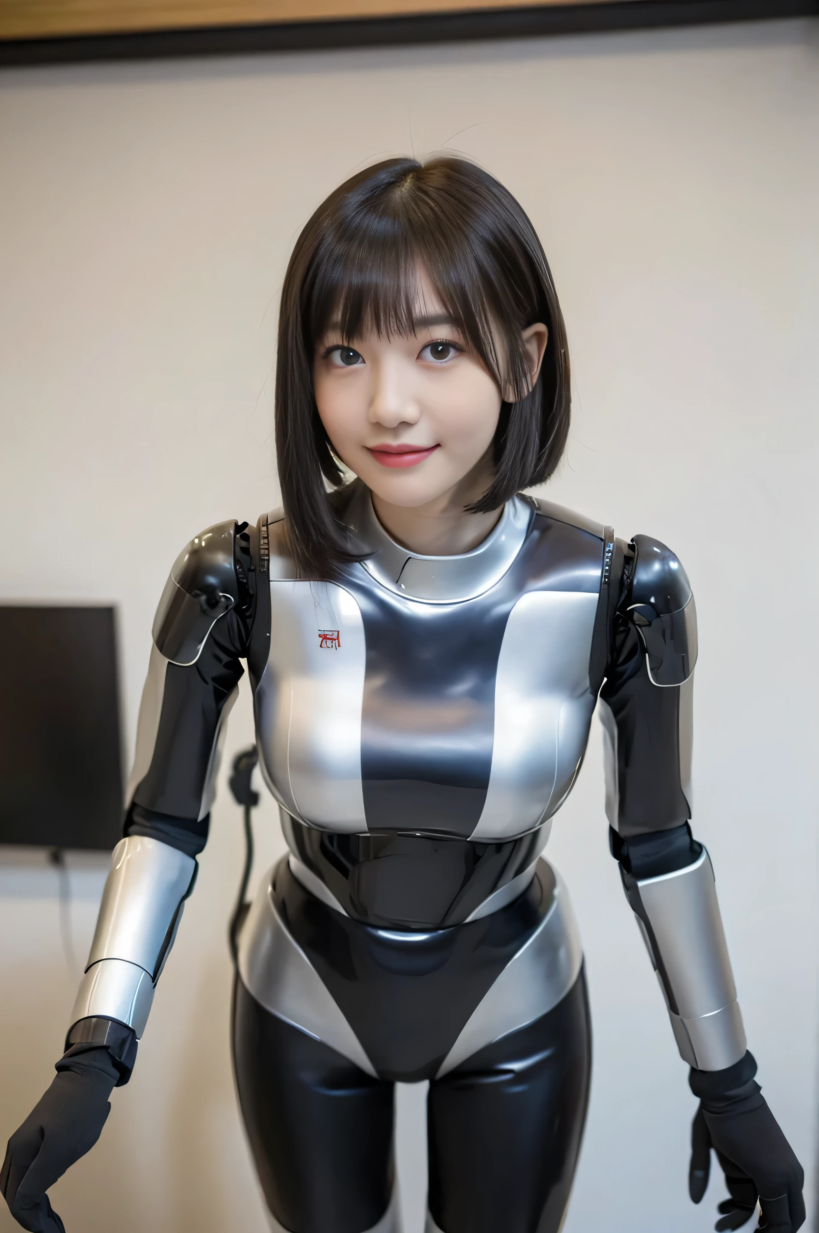 table top, highest quality, figure, super detailed, finely, High resolution, 8k wallpaper, 完璧なダイナミックな構figure, beautiful and fine eyes, business suit,Natural Color Lip, smile、18 year old girl,Wearing hrp-4c's robot body suit、plump thighs、shortcut, masterpiece, best quality, extremely detailed, (8k, 4K, Best Quality, hight resolution, 超A high resolution:1.1), 8k portrait,1girl in, Japanese Android girl,android teacher,Plump , control panels,android,droid,Mechanical Hand, ,Robot arms and legs, Black hair,Mechanical body,Blunt bangs,White Robotics Parts,perfect robot woman,Charging spot,Long Tube,A thick cable was connected to her neck,ceramic body ,android,Robot Humanoid,a bit chubby,panty,full eyes,perfect mechanical body,white robotics body,future assembly plant,white body,She has repaired,black sponge joints,android,perfect machine body,white robot body, body by hrp-4c, blue eyes, cute face shape, 18 years old, hrp-4c's robot body suit, robot suit from HRP-4C