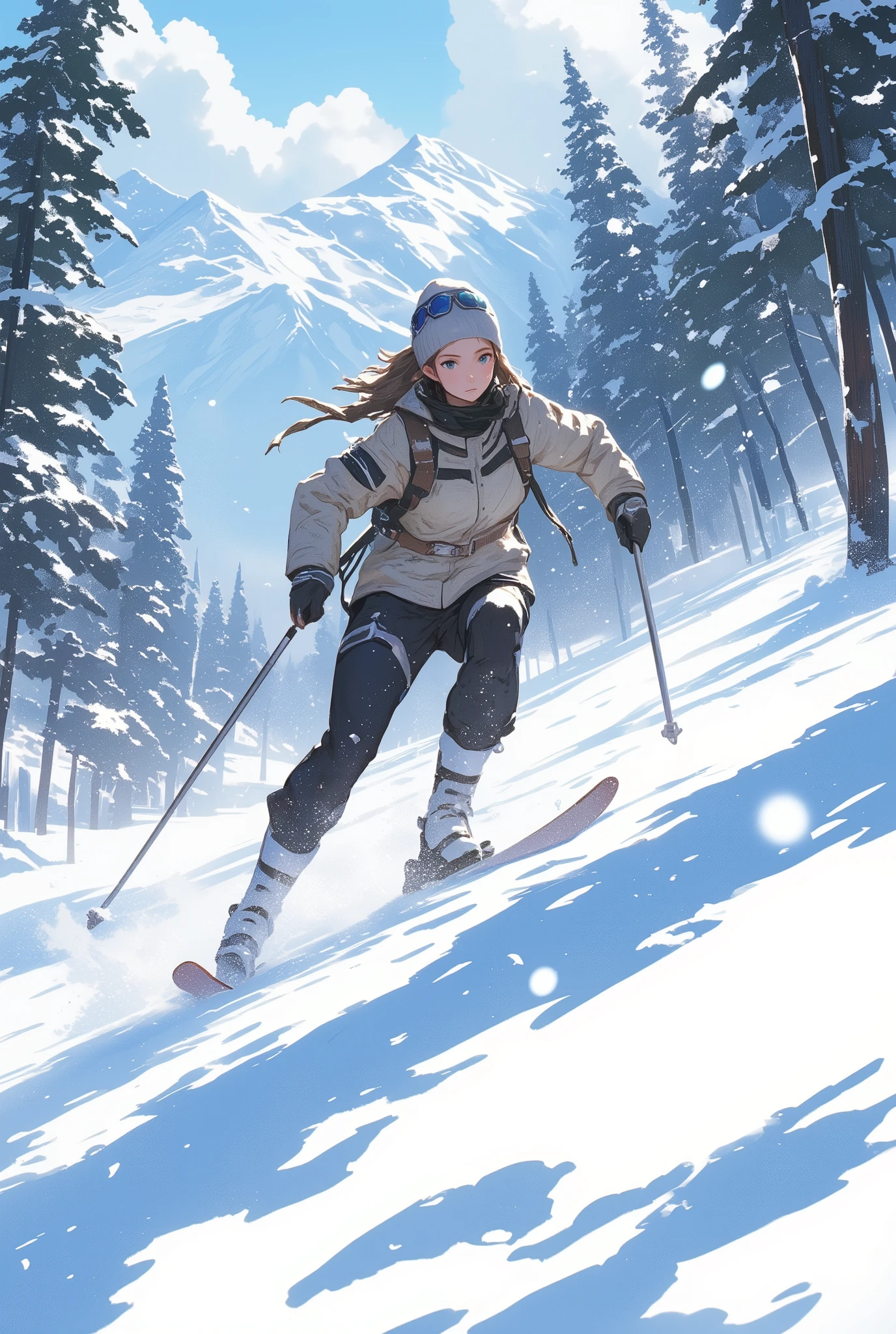 Upshot of a girl skiing in the snow, Nordic skiing, 