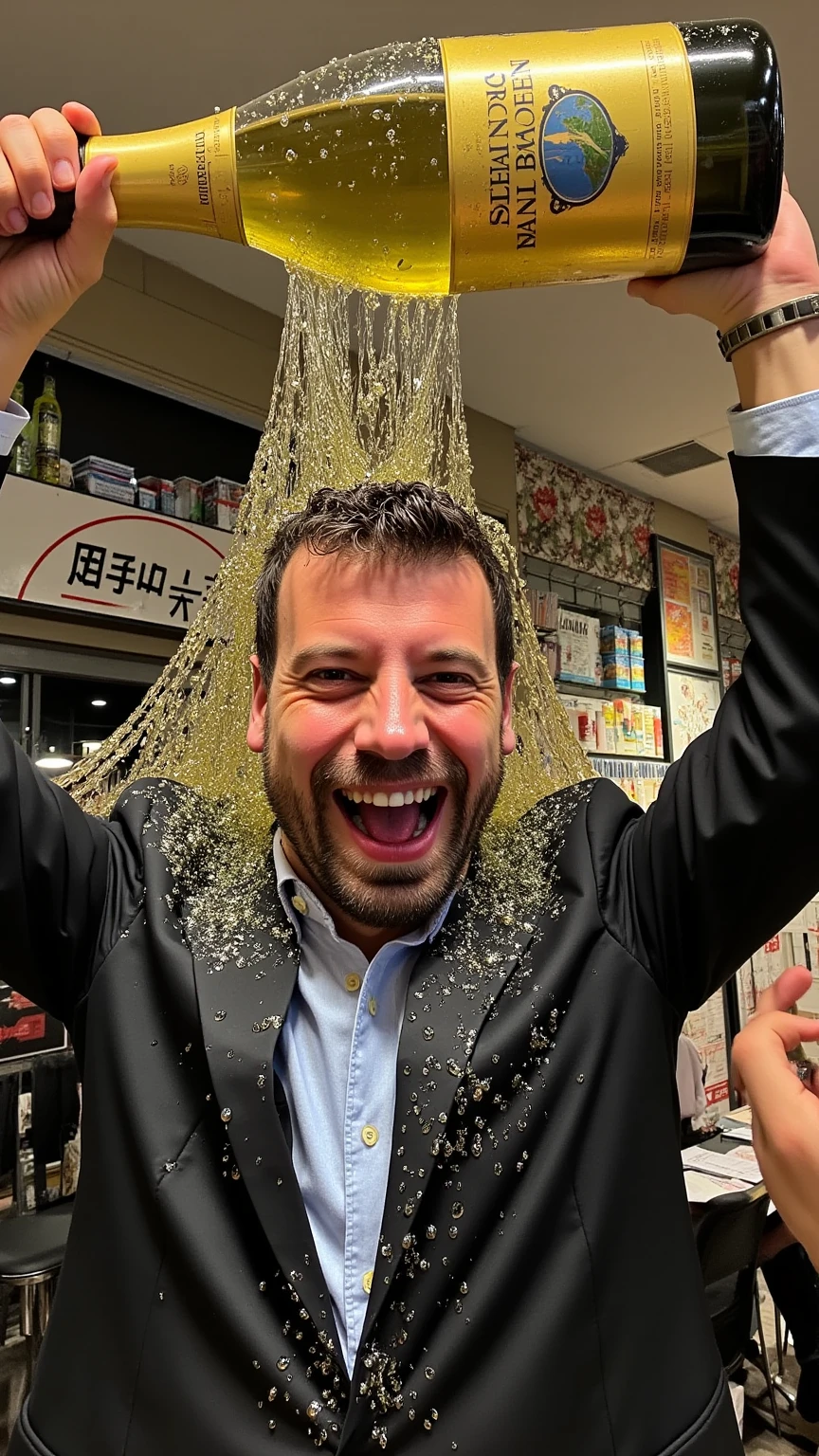 A very realistic handsome man, dressed in a suit, is joyfully celebrating with his arms raised, holding an enormous bottle of champagne. The champagne is notably dense and has a rich, golden-yellow hue, with frothy bubbles that dance in the air. He is pouring this bubbly liquid all over himself, and a massive amount of champagne, complete with its effervescent foam, is cascading down his body. His entire suit is soaked with the luxurious champagne as he revels in the excitement of having won the lottery. The man is euphoric, embodying the spirit of celebration, with the vibrant, frothy champagne adding to the festive atmosphere.