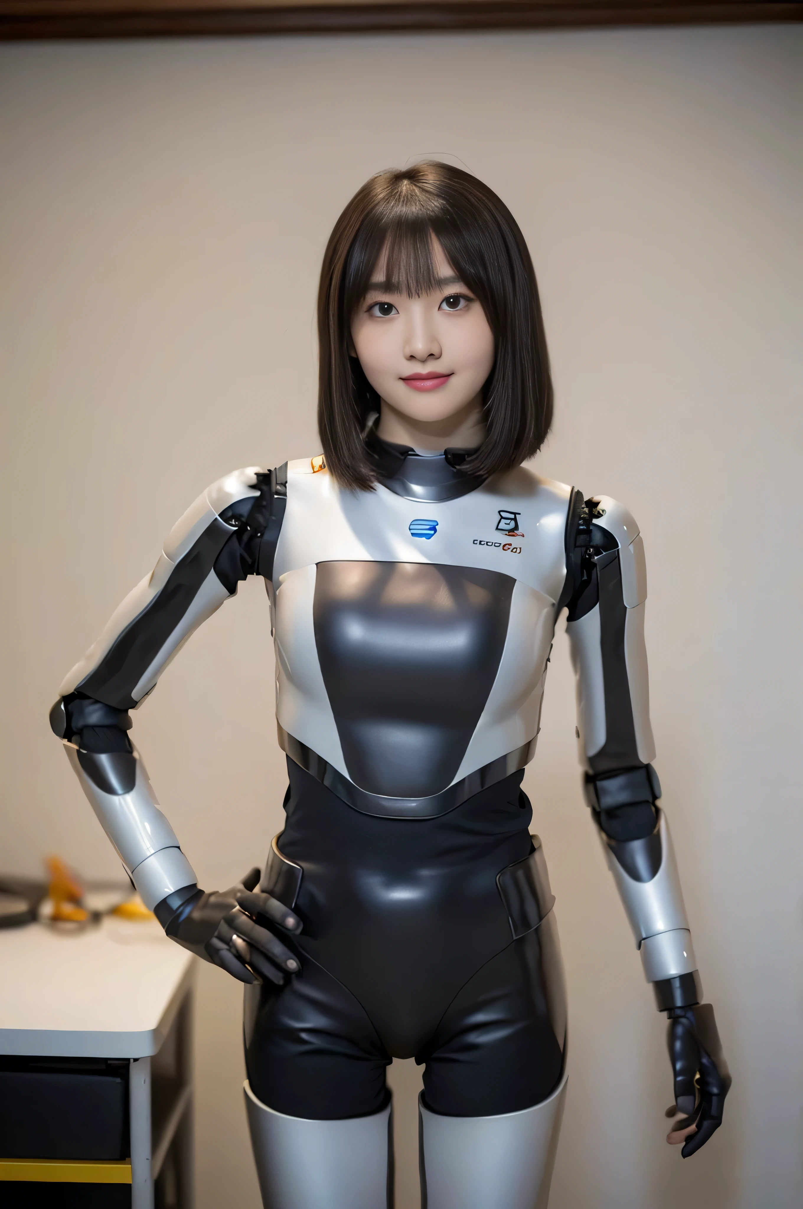 table top, highest quality, figure, super detailed, finely, High resolution, 8k wallpaper, 完璧なダイナミックな構figure, beautiful and fine eyes, business suit,Natural Color Lip, smile、18 year old girl,Wearing hrp-4c's robot body suit、plump thighs、shortcut, masterpiece, best quality, extremely detailed, (8k, 4K, Best Quality, hight resolution, 超A high resolution:1.1), 8k portrait,1girl in, Japanese Android girl,android teacher,Plump , control panels,android,droid,Mechanical Hand, ,Robot arms and legs, Black hair,Mechanical body,Blunt bangs,White Robotics Parts,perfect robot woman,Charging spot,Long Tube,A thick cable was connected to her neck,ceramic body ,android,Robot Humanoid,a bit chubby,panty,full eyes,perfect mechanical body,white robotics body,future assembly plant,white body,She has repaired,black sponge joints,android,perfect machine body,white robot body, body by hrp-4c, blue eyes, cute face shape, 18 years old, hrp-4c's robot body suit, robot suit from HRP-4C