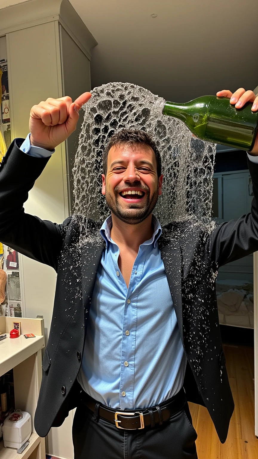 A very realistic handsome man, dressed in a suit, is joyfully celebrating with his arms raised, holding an enormous bottle of champagne. He is pouring the bubbly all over himself, and a massive amount of champagne, complete with frothy bubbles, is cascading down his body. His entire suit is soaked with champagne as he revels in the excitement of having won the lottery. The man is euphoric, embodying the spirit of celebration.

