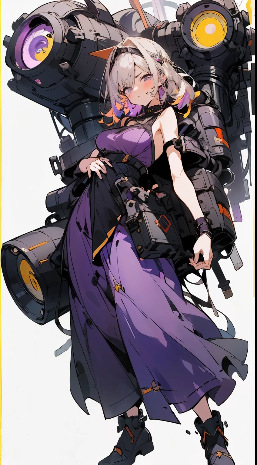 (masterpiece:1.2),8k, beautiful, high quality,
(full-length photograph:1.2)、((white background:1.6)),(Flat Illustration Art:1.2), (poster art:1.2),(Ultra-definitive game CG), CG animation, Character setting painting,Original character reference sheet adoptable,score_9,score_8_up, score_7_up, score_6_up, score_5_up, precise details, animation,
(Bullish girl:1.3), ((angry face)),
curly hair, blue eyes, (yellow hair:1.5), (Purple black yellow dress:1.8),
(makeup lipstick eyeliner mascara eyeshadow:1.1) dark skin, Mole under the eye, Rings, Necklaces, (shaking breasts:1.5),
emale, (holding large lens laser cannon), glasses girl, heavy equipment, full body armor, armor girl, mobile suit style, purple like clothes,